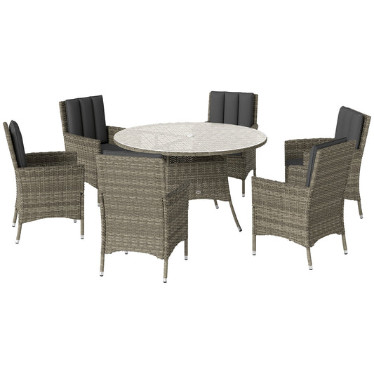 Seven-Piece Rattan Dining Table, with Round Glass-Top Table