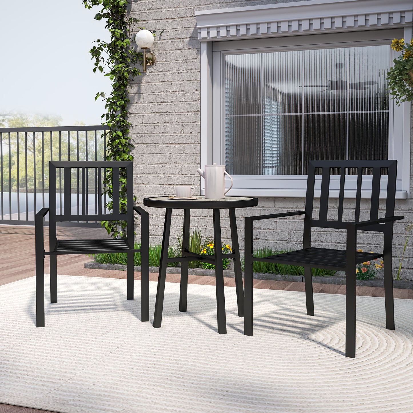 3 Piece Patio Bistro Set with Plastic Top, 2 Stackable Chairs