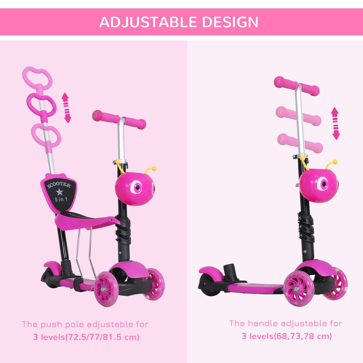 Adjustable Kids Toddler Scooter, with Removable Seat, Back Handle