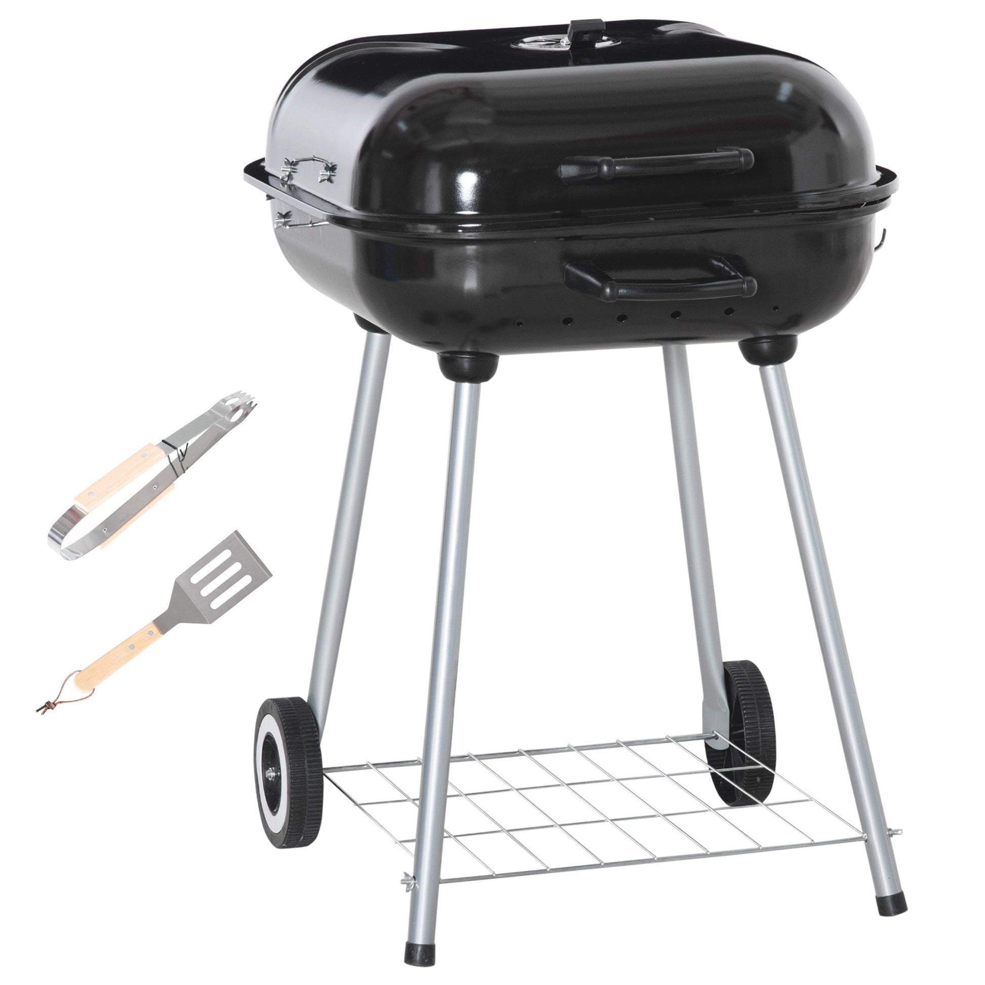 Portable BBQ Charcoal Grill with 2 Wheels and Cooking Utensils