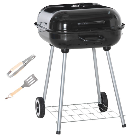 Portable BBQ Charcoal Grill with 2 Wheels and Cooking Utensils
