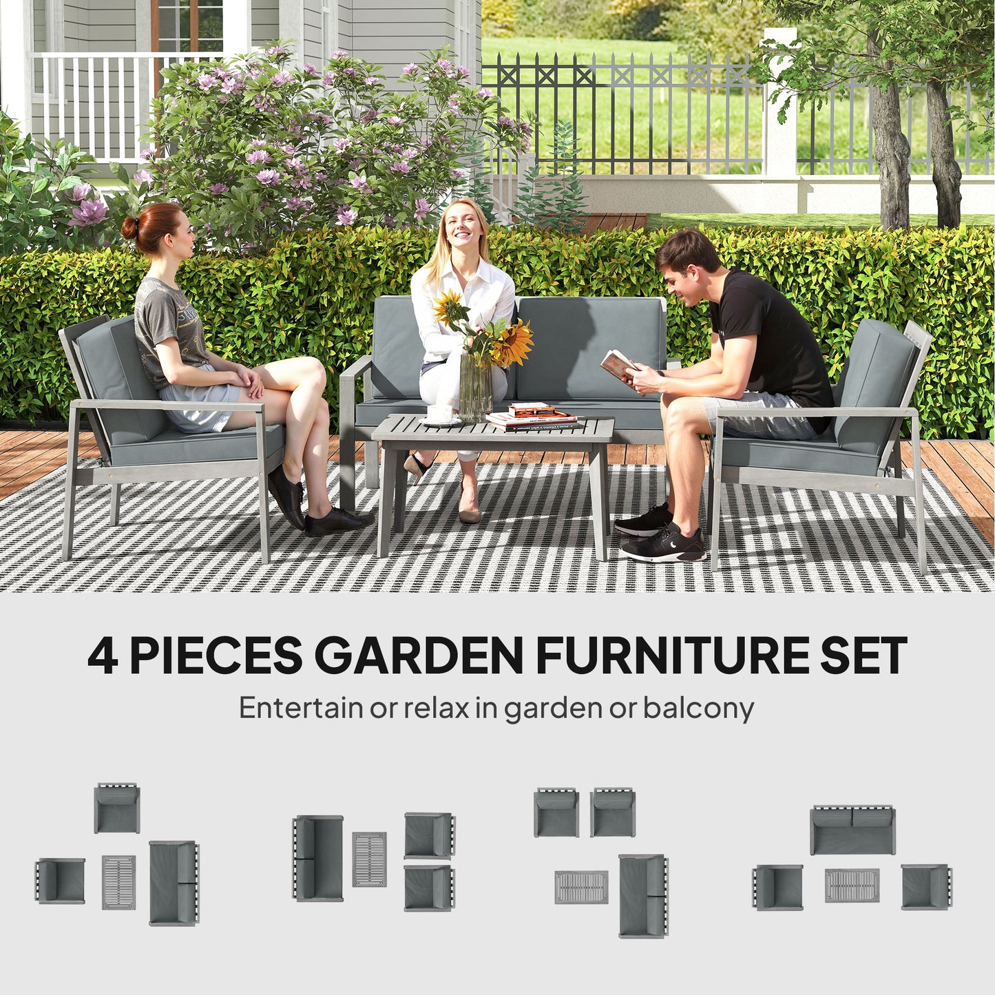 4-Piece Wooden Garden Furniture Set with Cushions