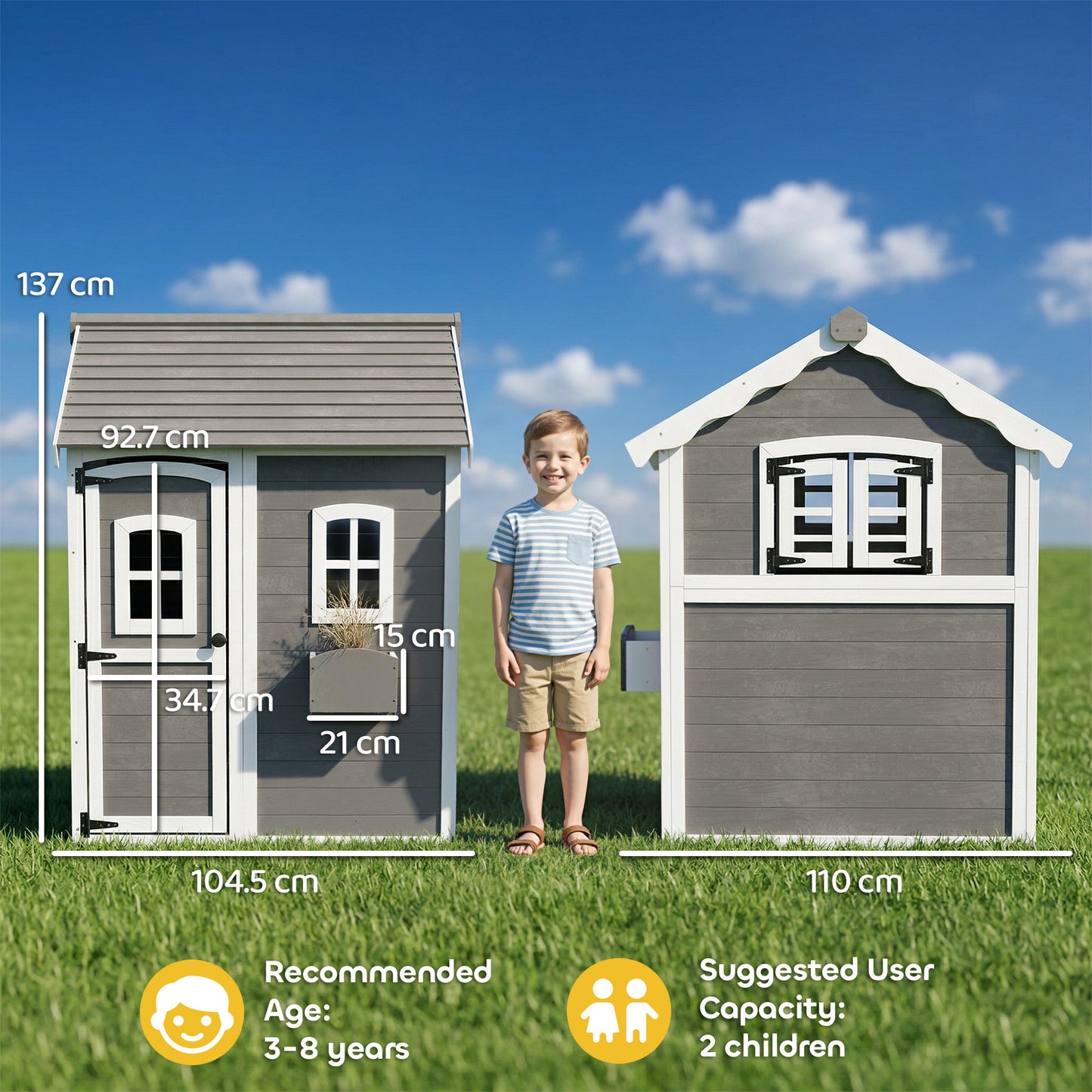 Wooden Playhouse for Kids with Doors, Windows, Plant Box, Floors