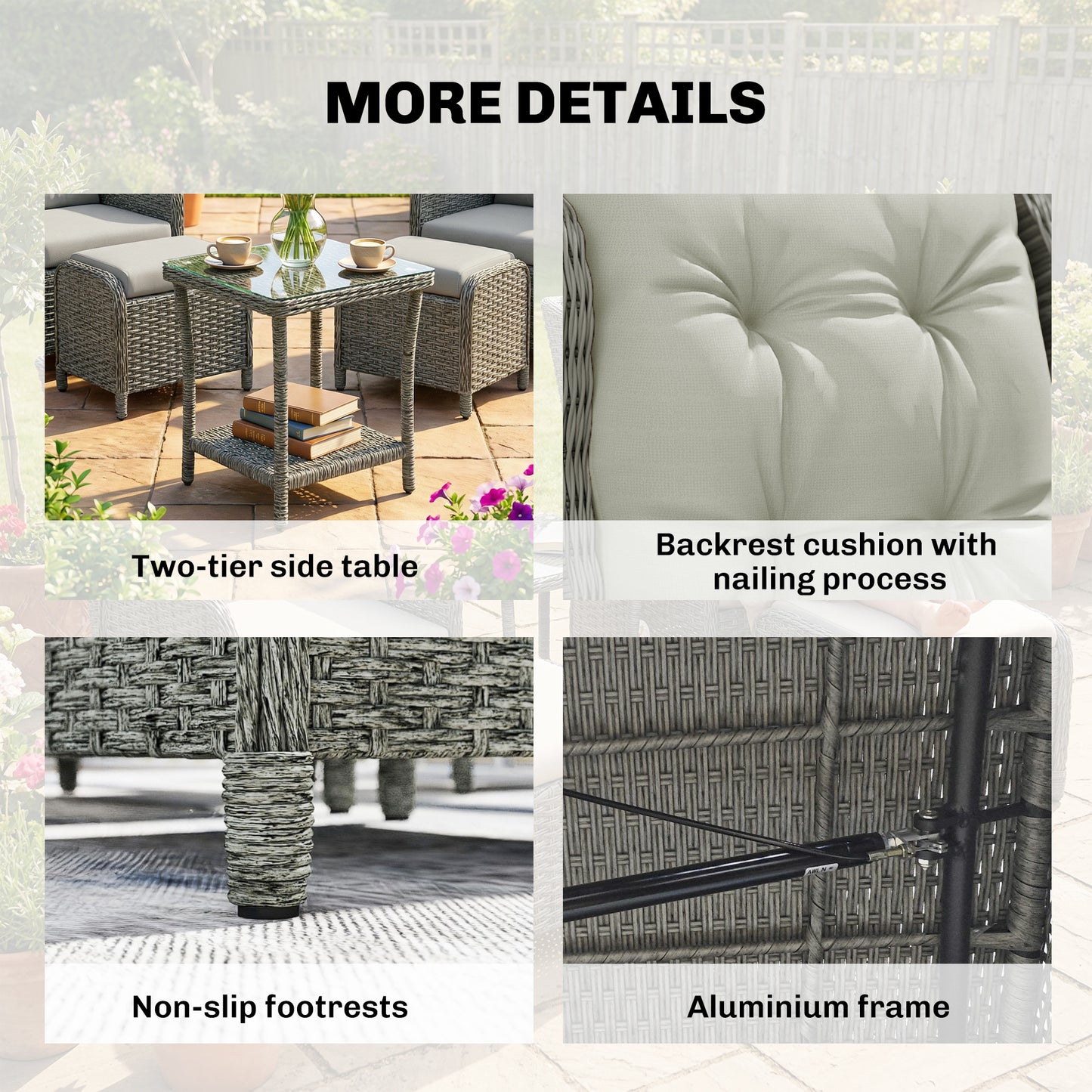 Rattan Reclining Garden Chair Set of 2 with Footstool and Cushion