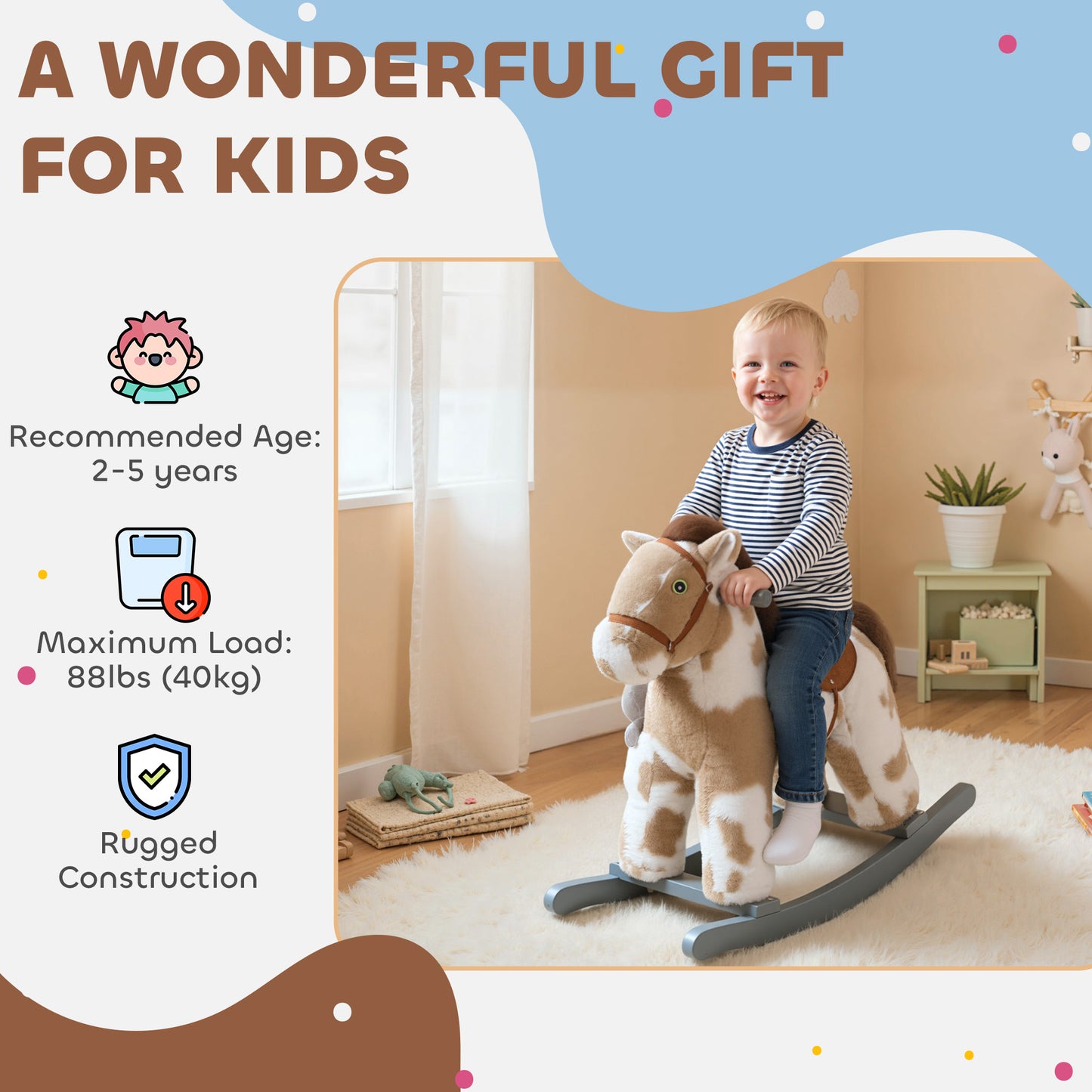 Baby Rocking Horse, Plush Animal Rocker with Realistic Sound and Toy