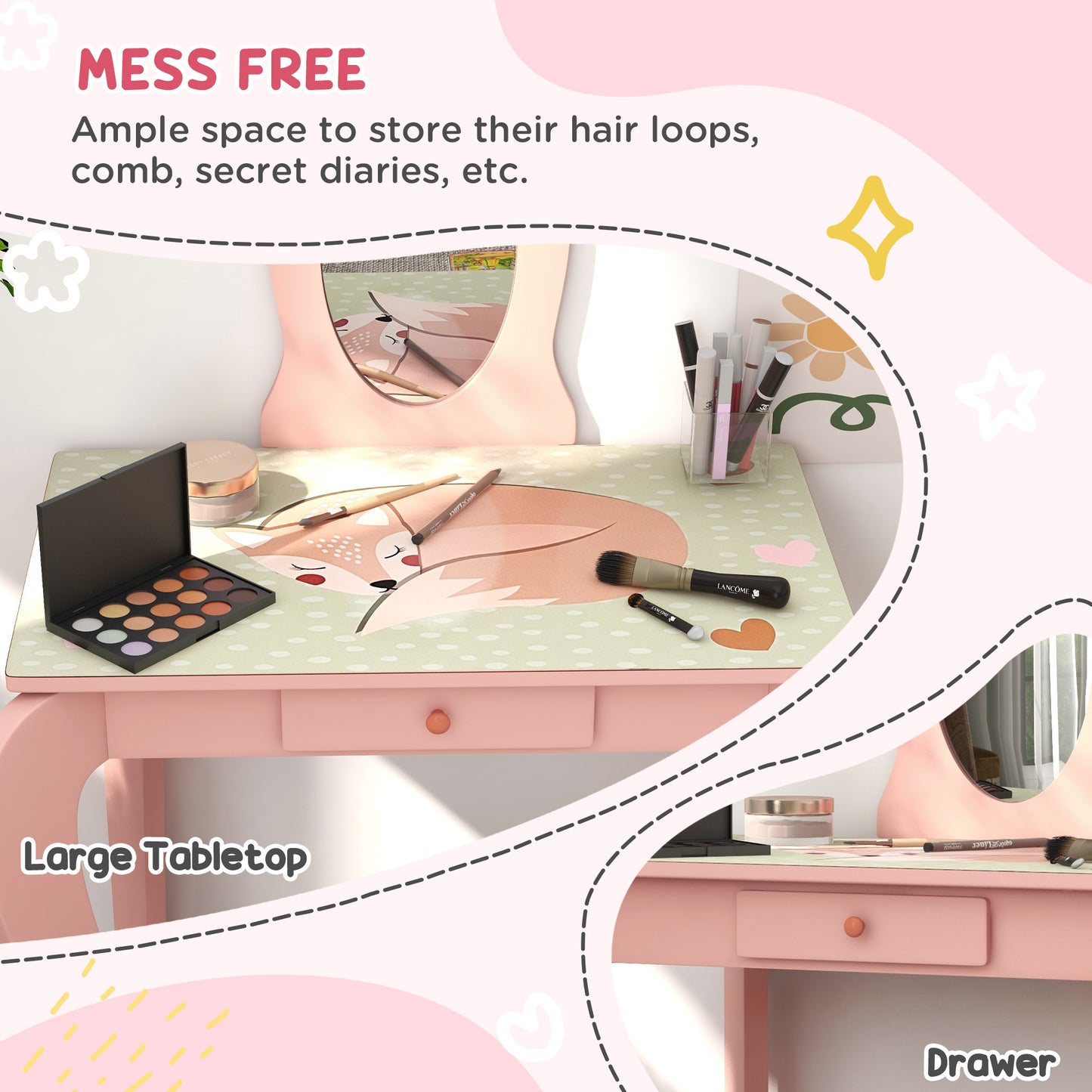 Toddler Bed Frame, Kids Dressing Table with Mirror and Stool
