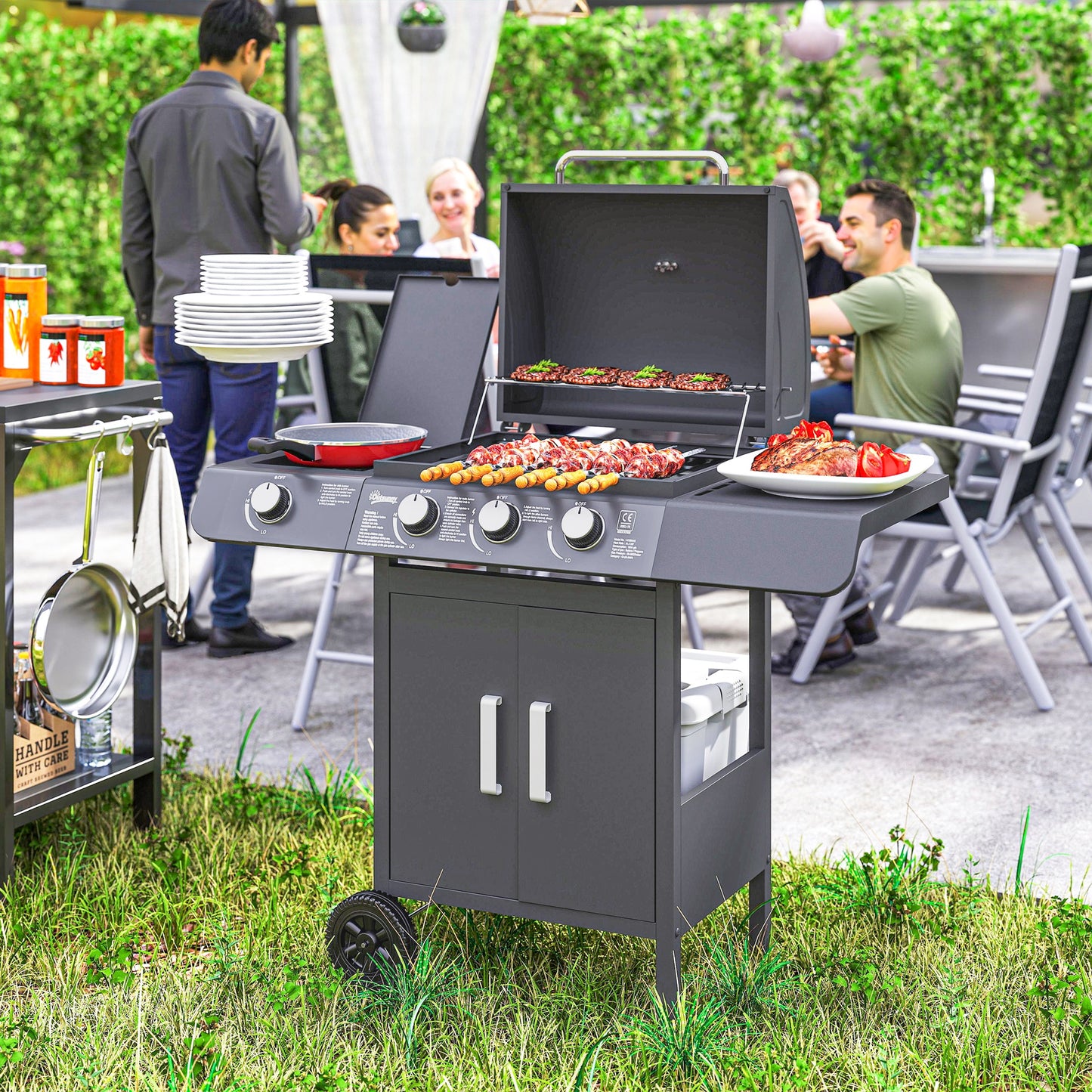 3+1 Burner Gas BBQ Grill, Outdoor Barbecue Trolley with Wheels