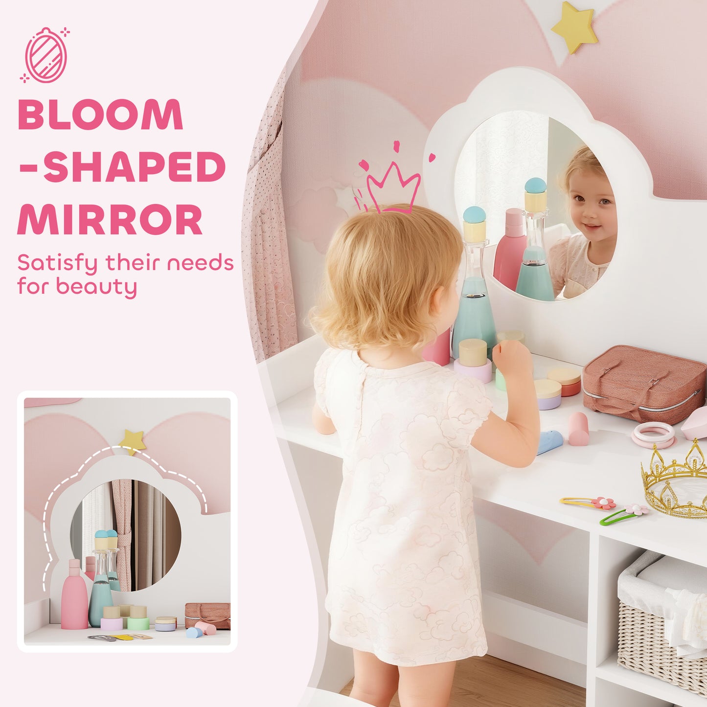 Kids Dressing Table with Mirror, Stool