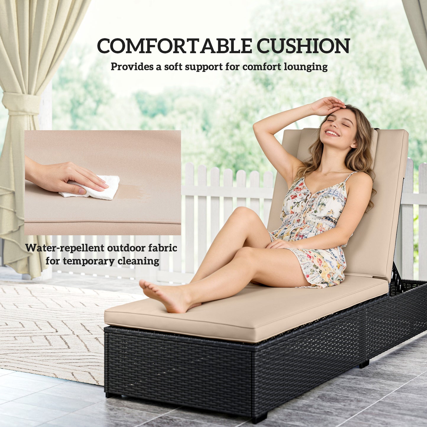 Rattan Sun Lounger with 5-Level Reclining Back Side Tray and Cushion