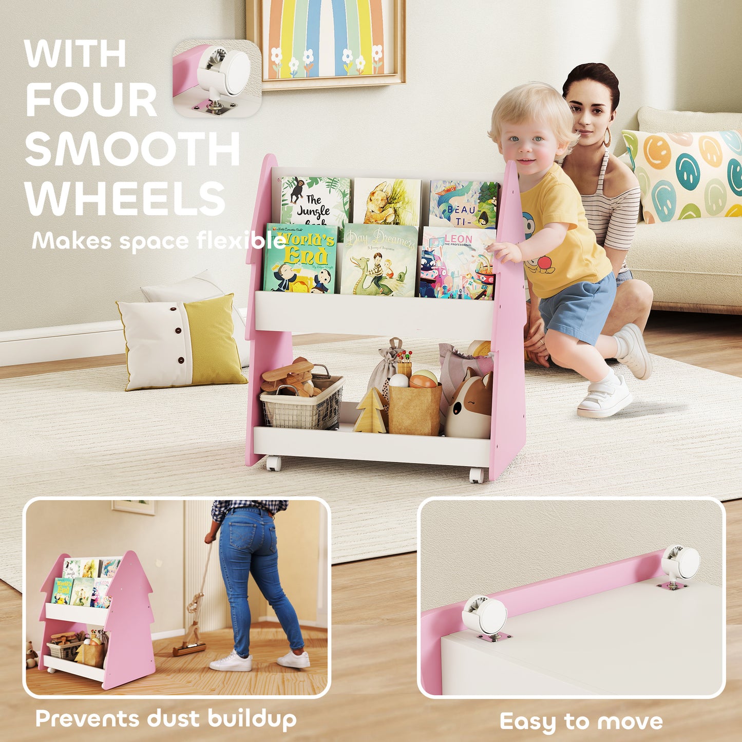 Kids Bookshelf with Toy Storage, Double-Sided Bookcase with Wheels