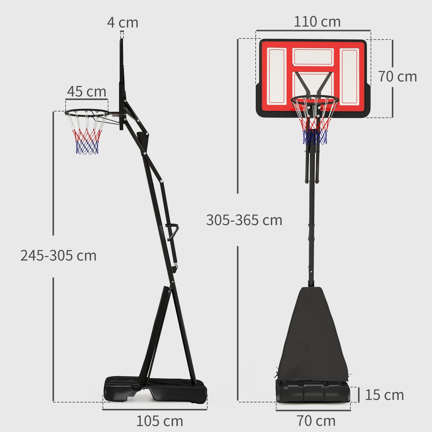 245-305cm Adjustable Basketball Hoop and Stand, with Wheels