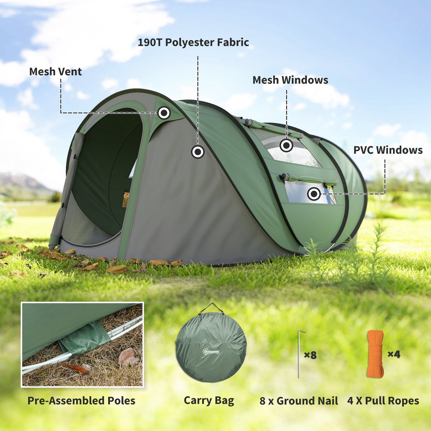 4 Person Pop-up Camping Tent Family Tent with Ground Sheet