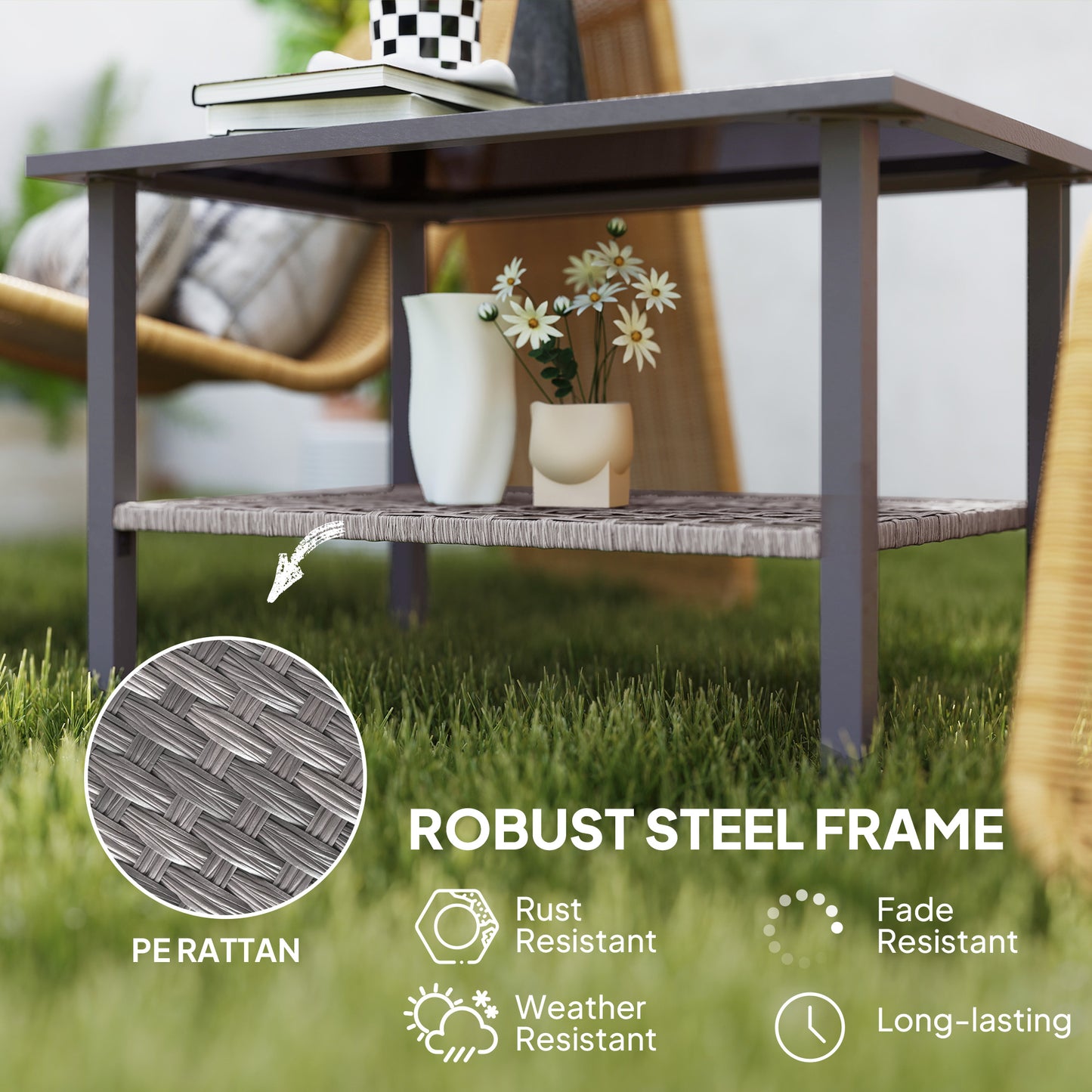 Outdoor Rattan Coffee Table with Tempered Glass Top, Storage Shelf