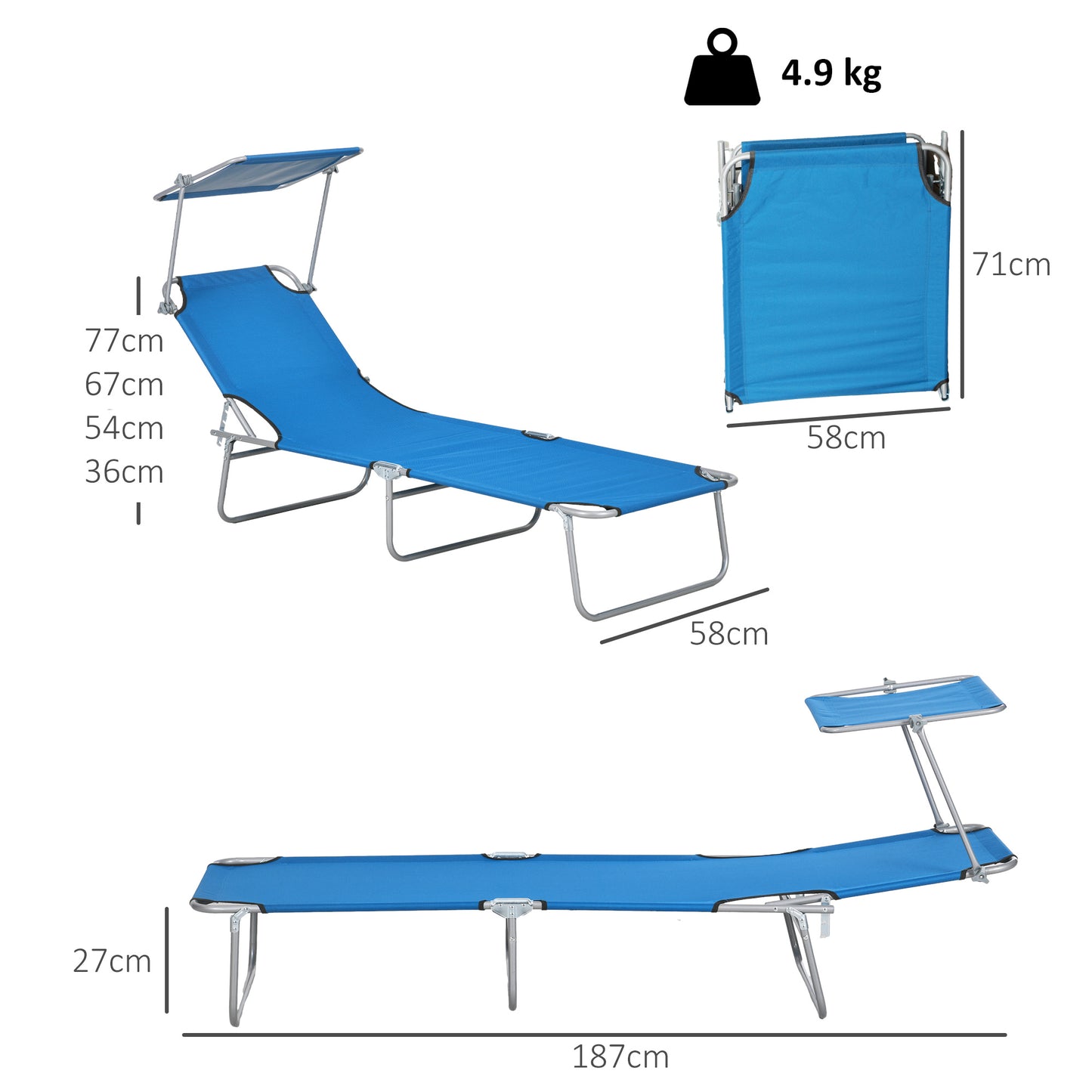 Sun Lounger, with Adjustable Face Canopy - Bright
