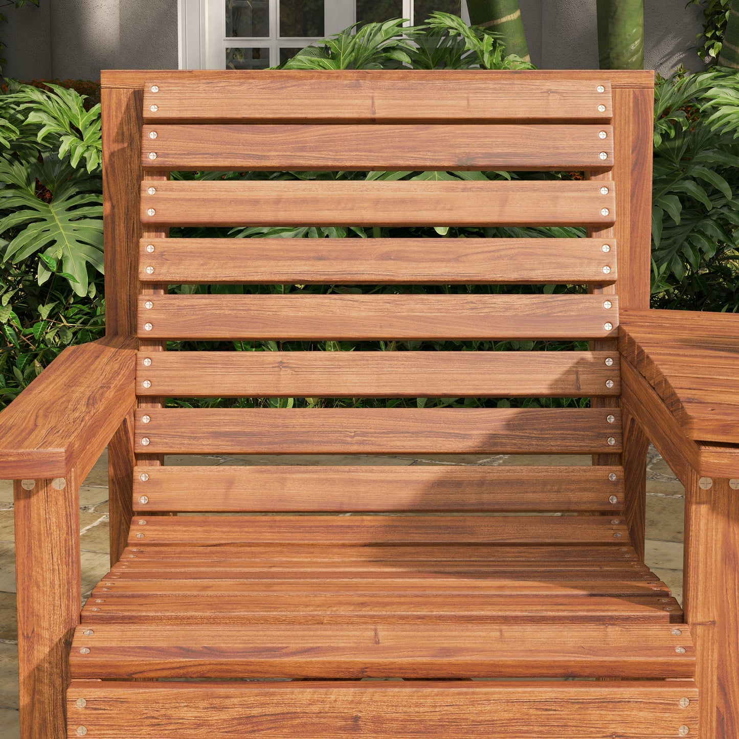 Wooden Garden Love Seat w/ Coffee Table Umbrella Hole, Tan