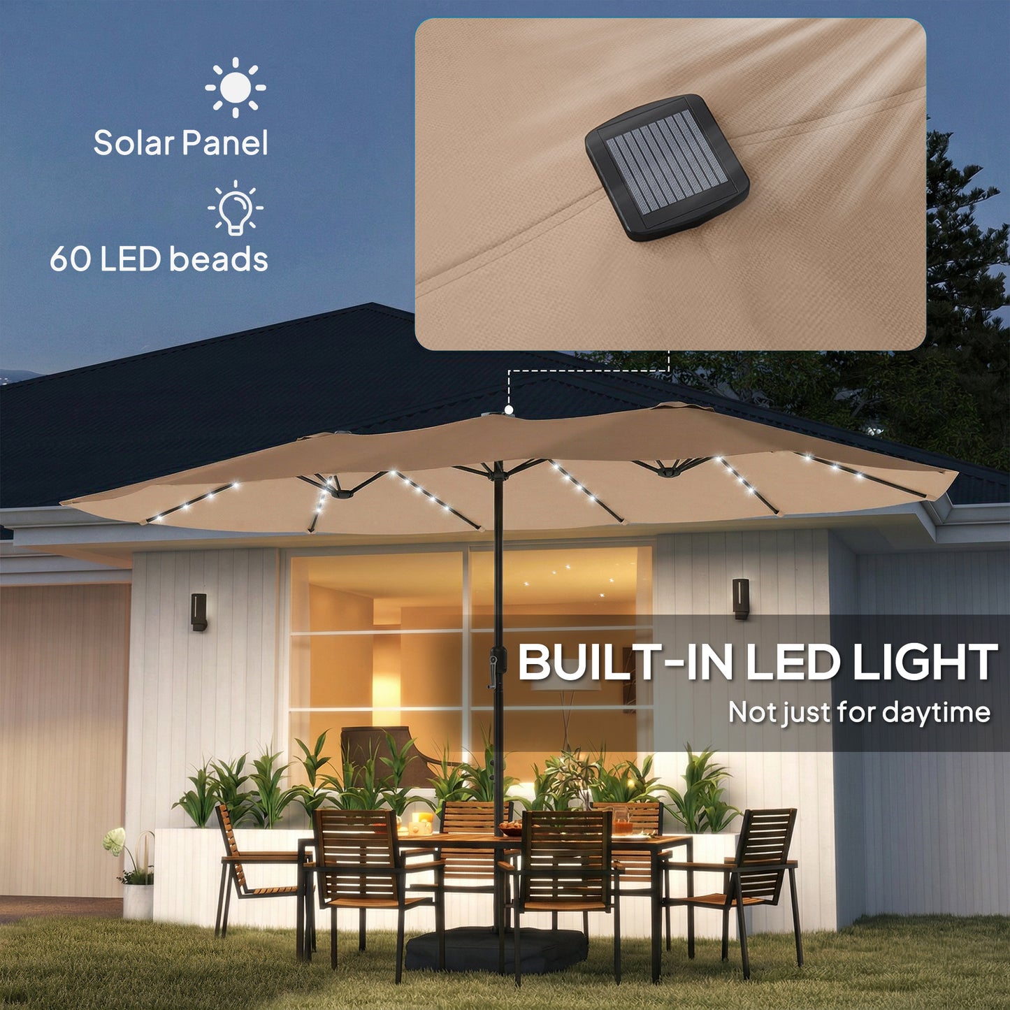 Patio Umbrella Double-Sided Outdoor Umbrella with Solar Lights Base