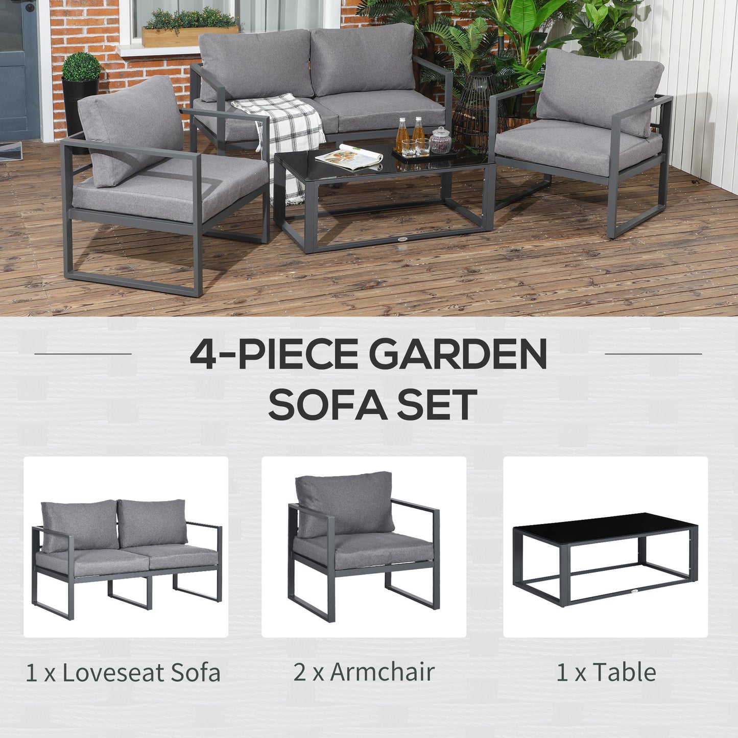 4 Pieces Garden Sofa Set 2 Single Armchair 1 Bench & Side Table Set