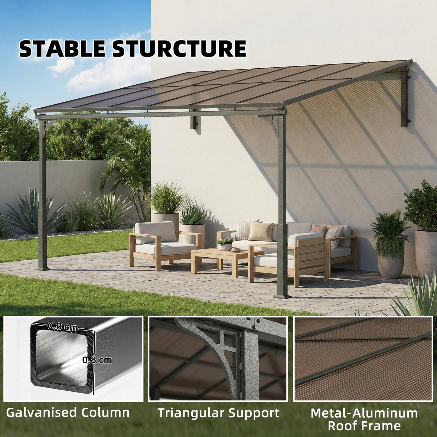 3.4 x 3 m Metal Lean-to Pergola