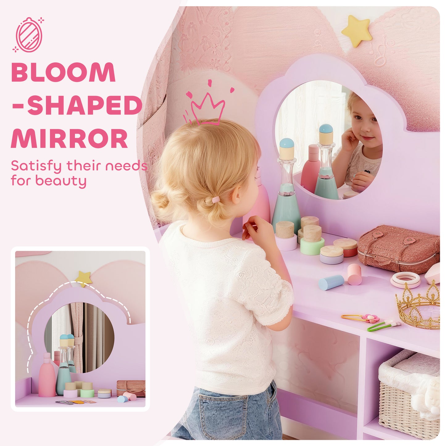 Kids Dressing Table with Mirror, Stool