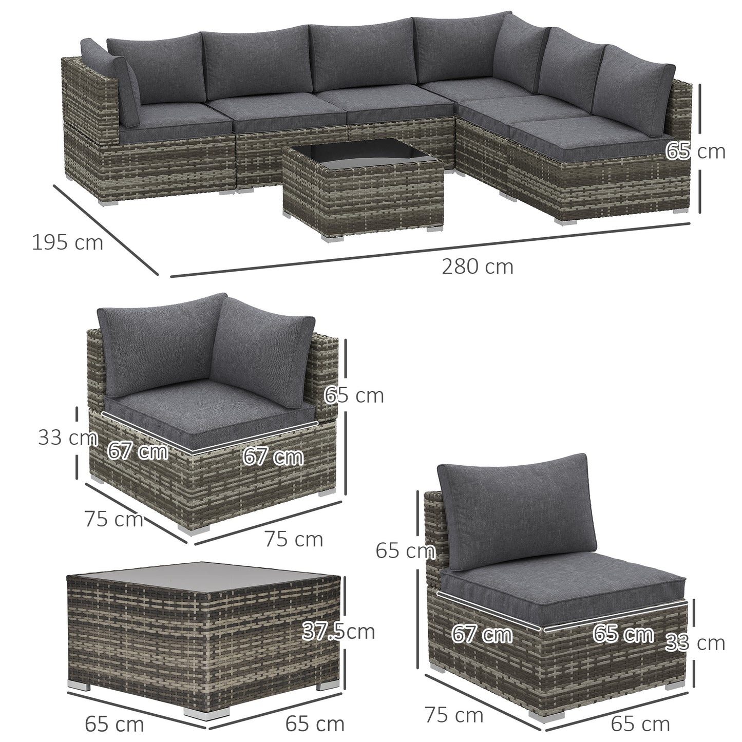 7 Pieces Outdoor PE Rattan Corner Sofa Set
