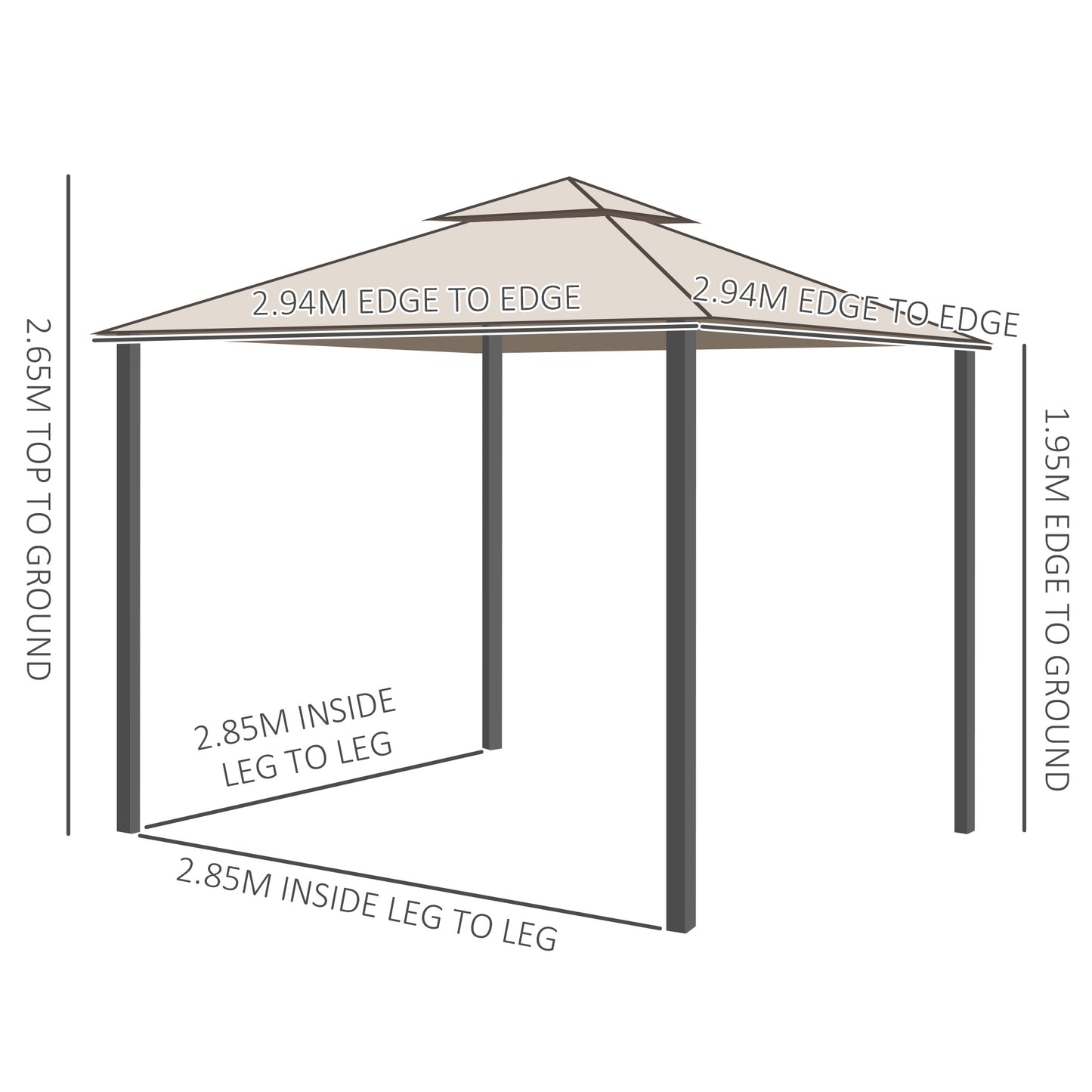 Outdoor Gazebo, 2-tier Roof with Netting, 295L x 295W x 263Hcm-Taupe