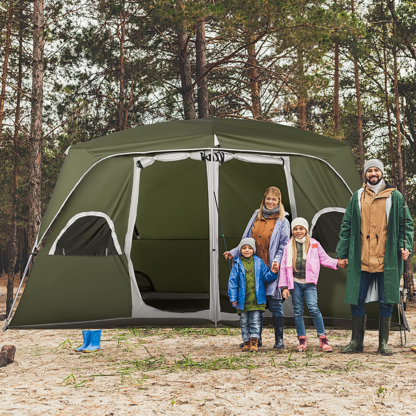 Camping Tent, Family Tent 4-8 Person 2 Room, with Large Mesh Windows