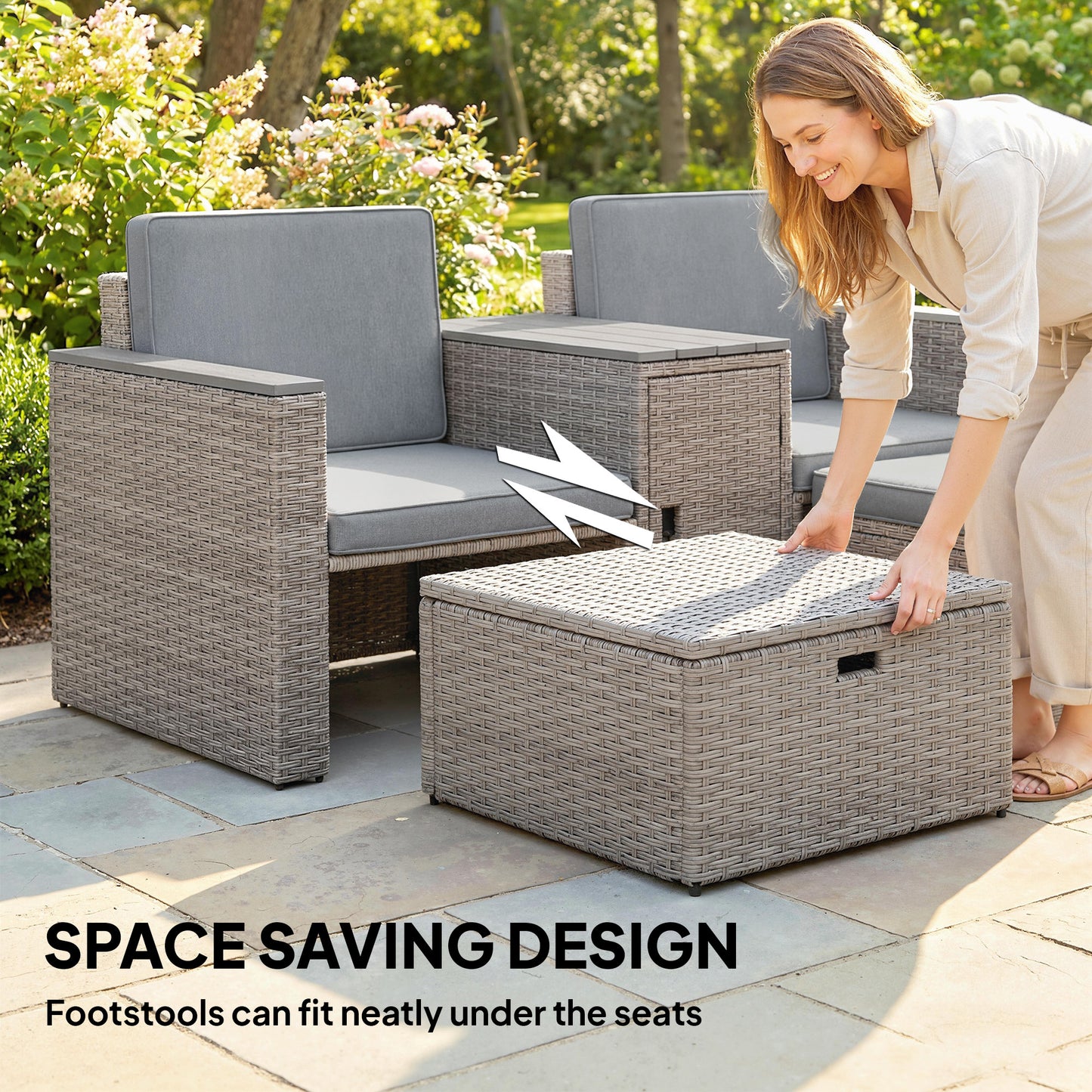 5 Piece Rattan Garden Furniture Set with Storage Table, Footstools