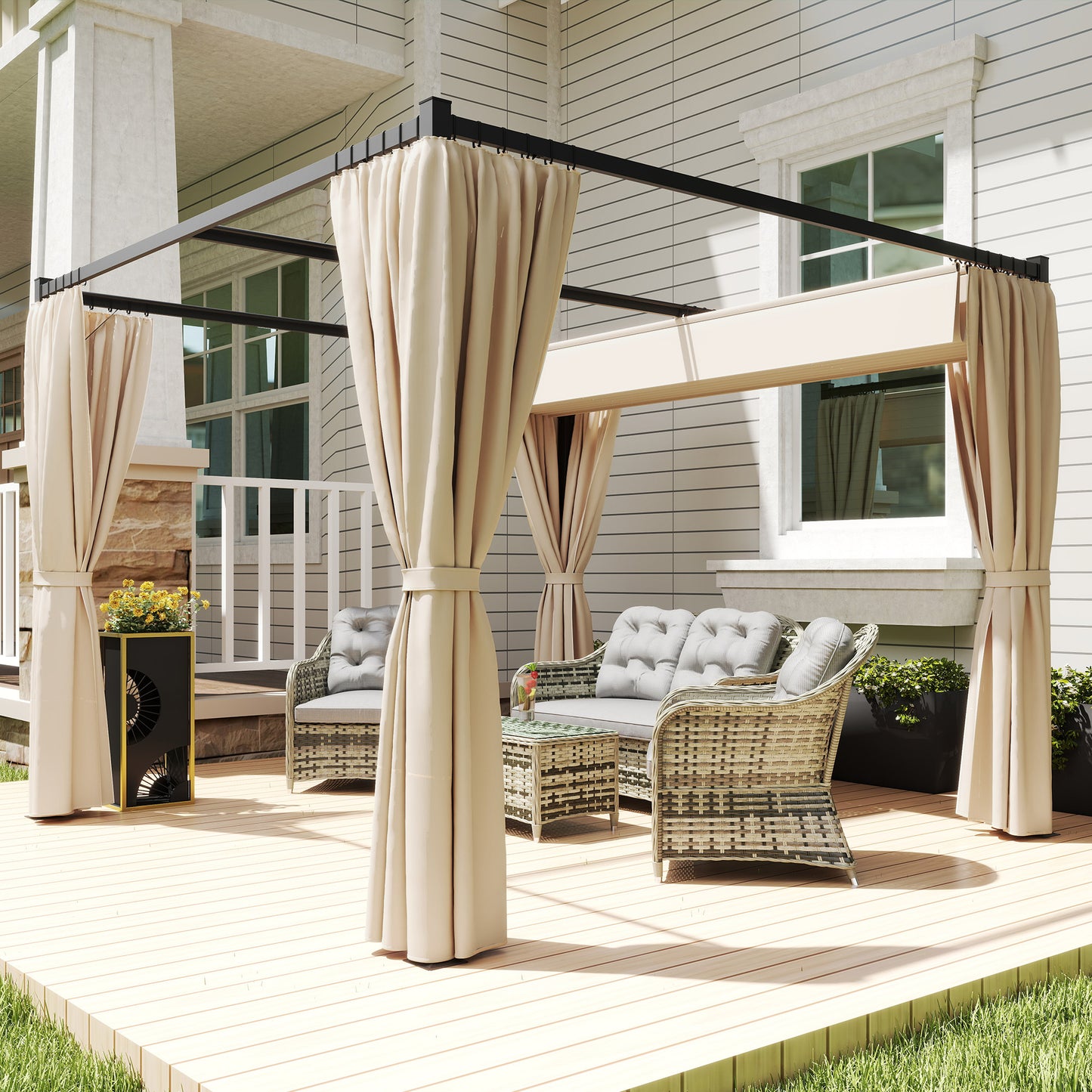 3 x 3(m) Retractable Pergola, Garden Gazebo Shelter with Curtains