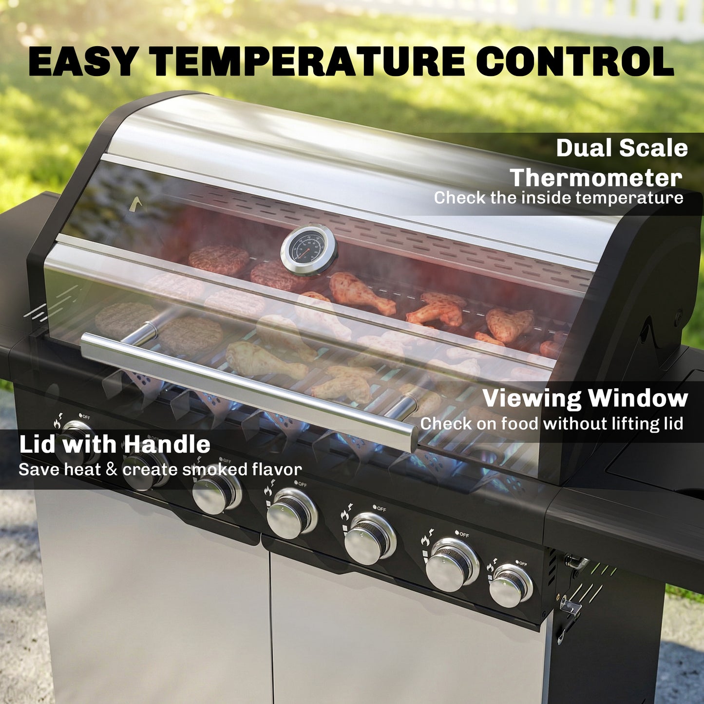 6+1 Burner Gas BBQ Grill, Outdoor Barbecue Trolley with Wheels