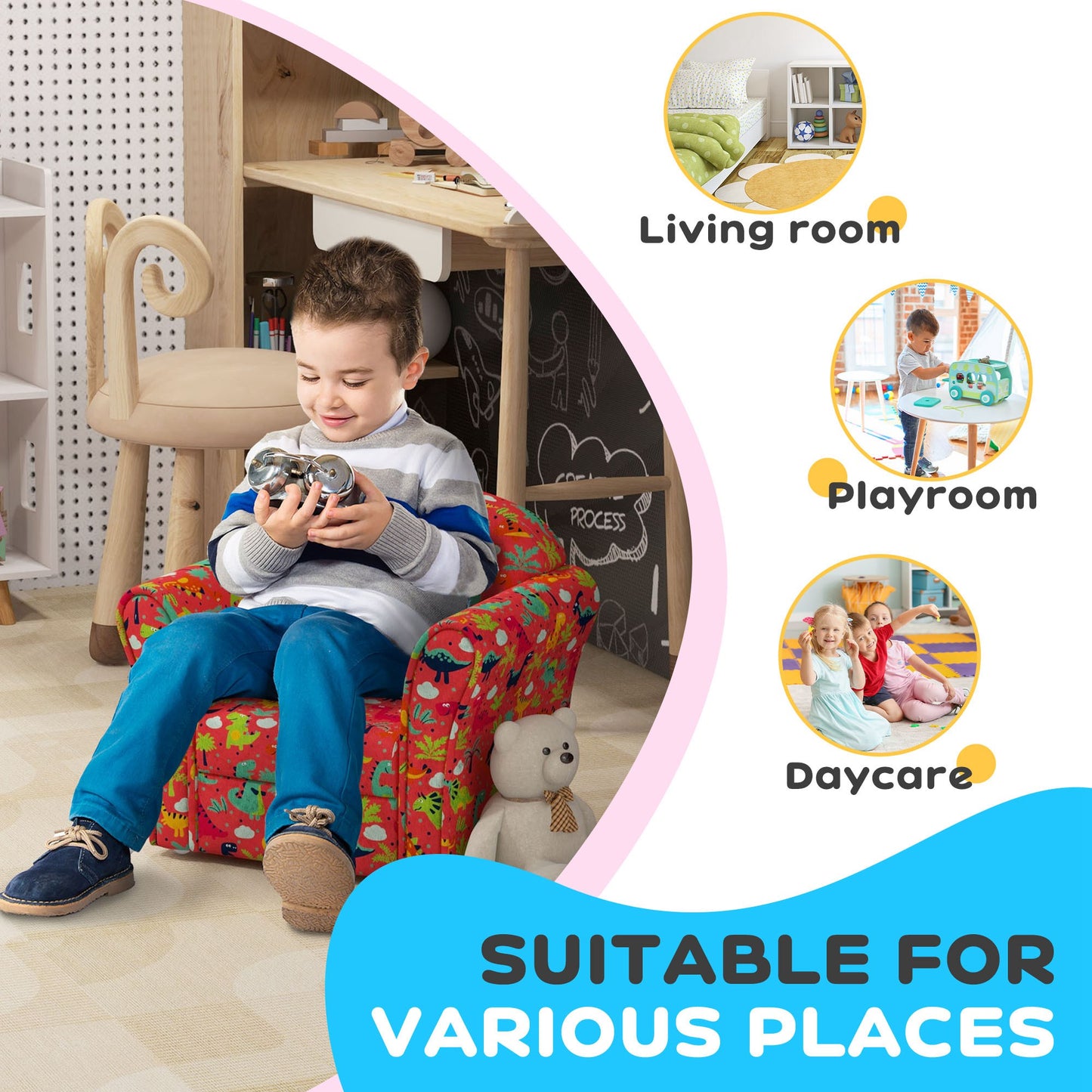 Kids Armchair with Dinosaur Design, Wooden Frame, for Bedroom