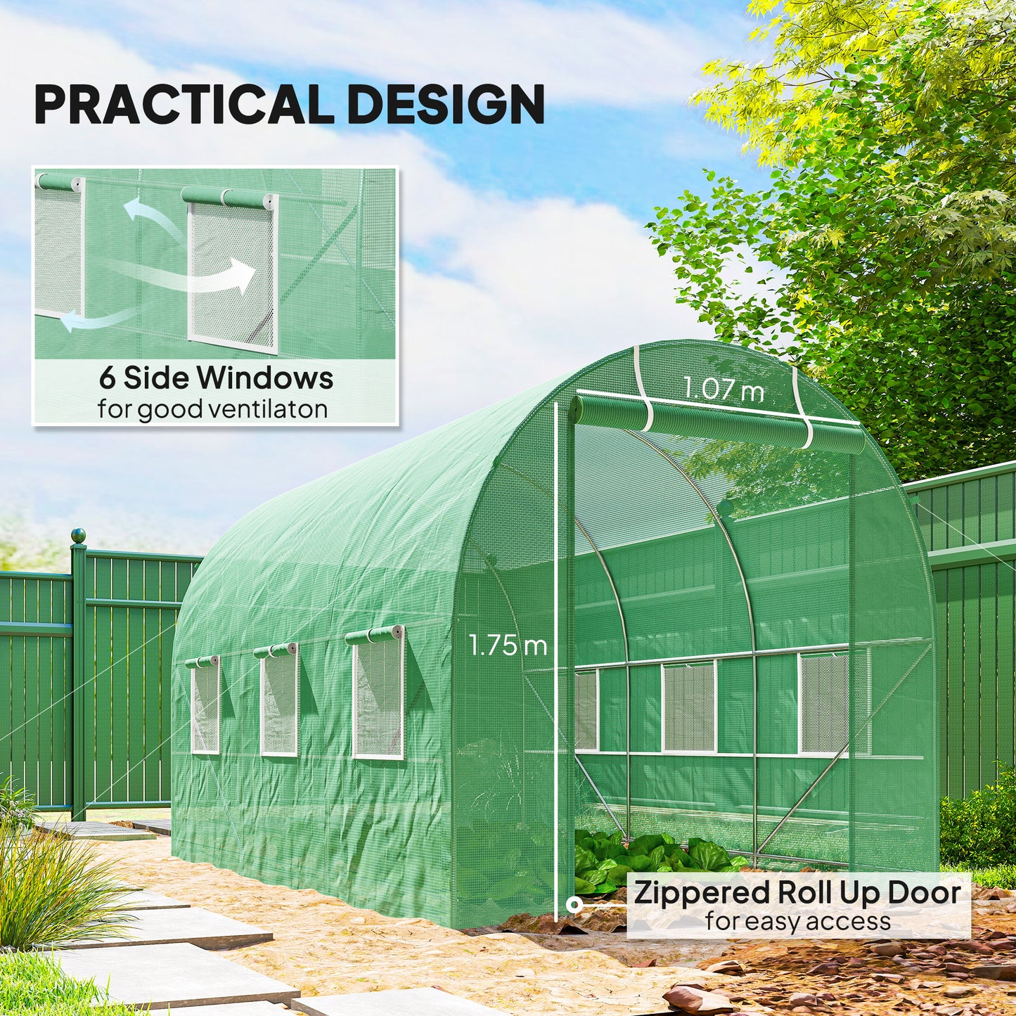 3.5 x 2m Walk-In Polytunnel Greenhouse, with Steel Frame, PE Cover