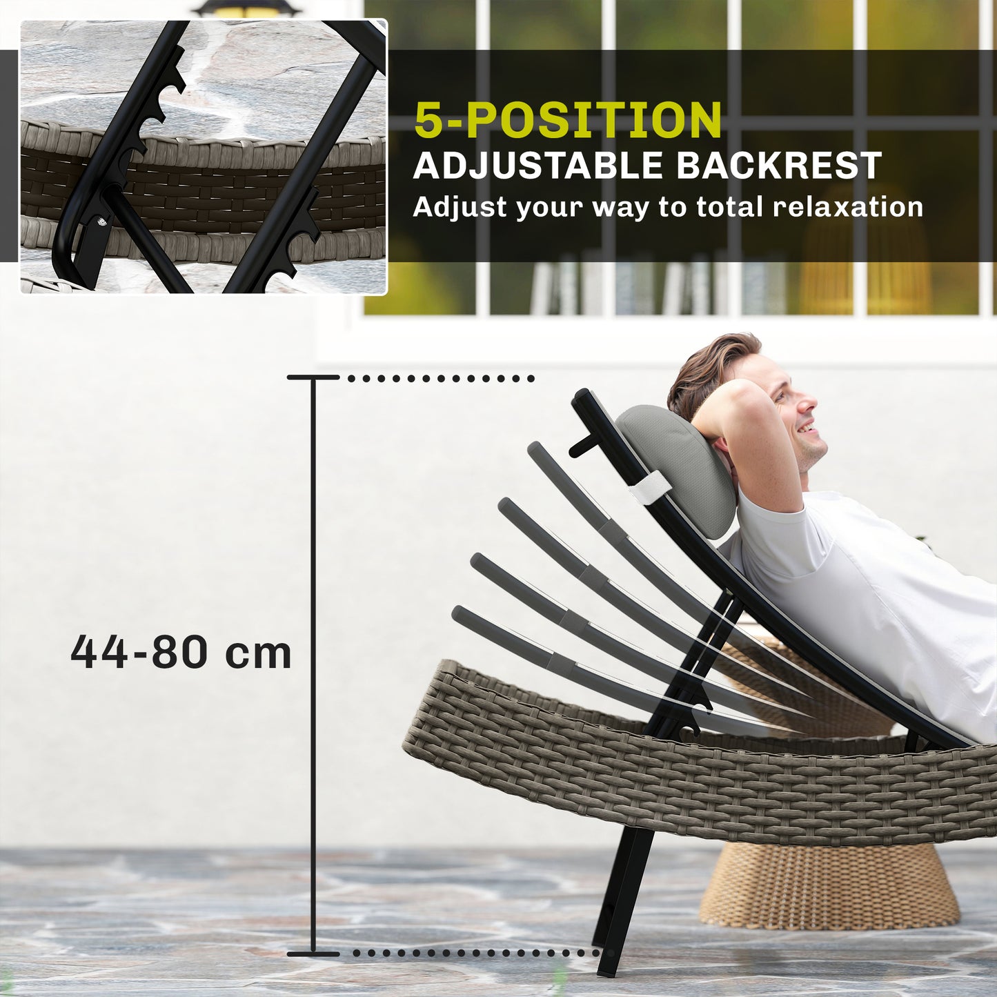 Rattan Sun Lounger, Garden Recliner with 5 Position Adjustable Back