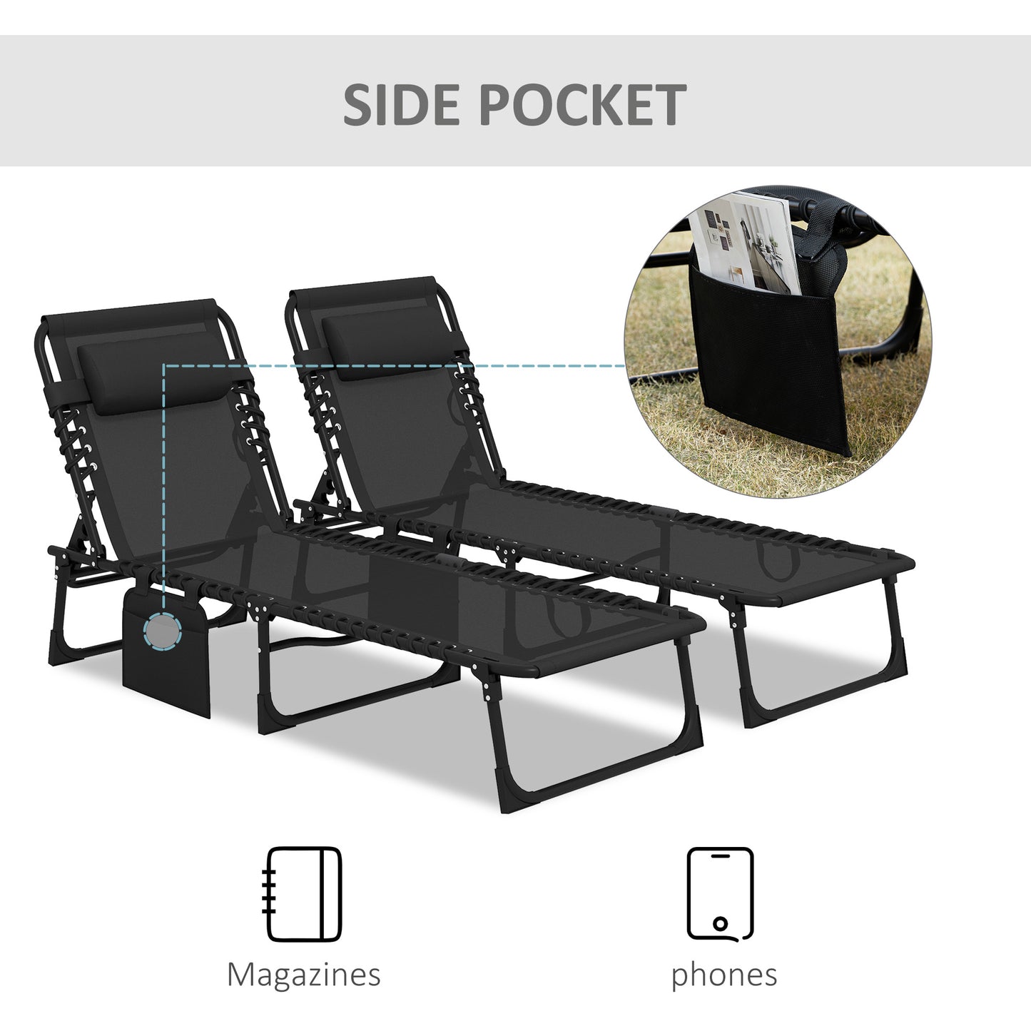 Portable Sun Lounger Set of 2, Folding Camping Bed Cot