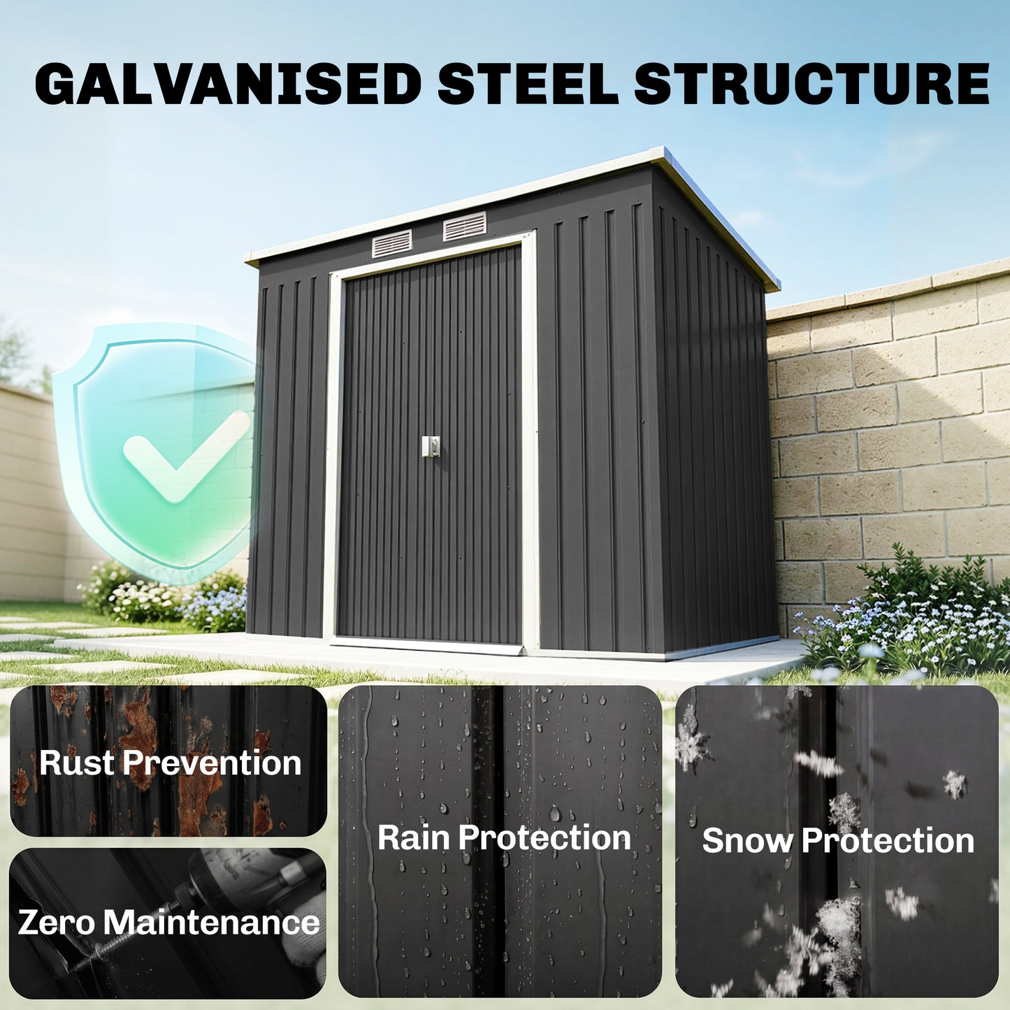 7 x 4ft Galvanised Steel Garden Shed, with Foundation Kit
