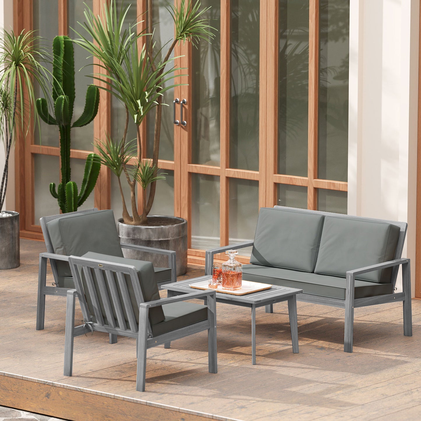4-Piece Wooden Garden Furniture Set with Cushions