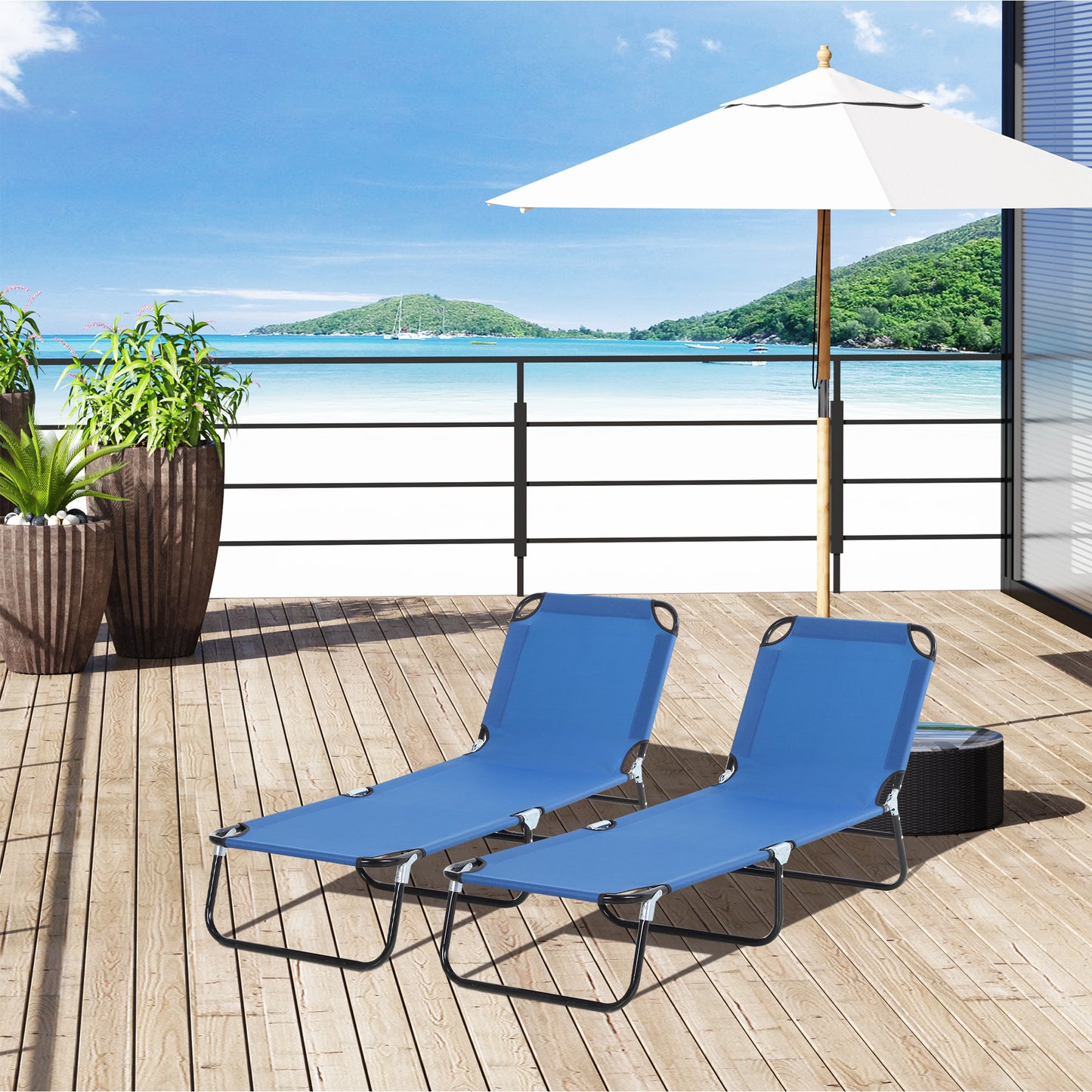 2 Piece Foldable Sun Loungers with 5-Position Adjustable Backrest
