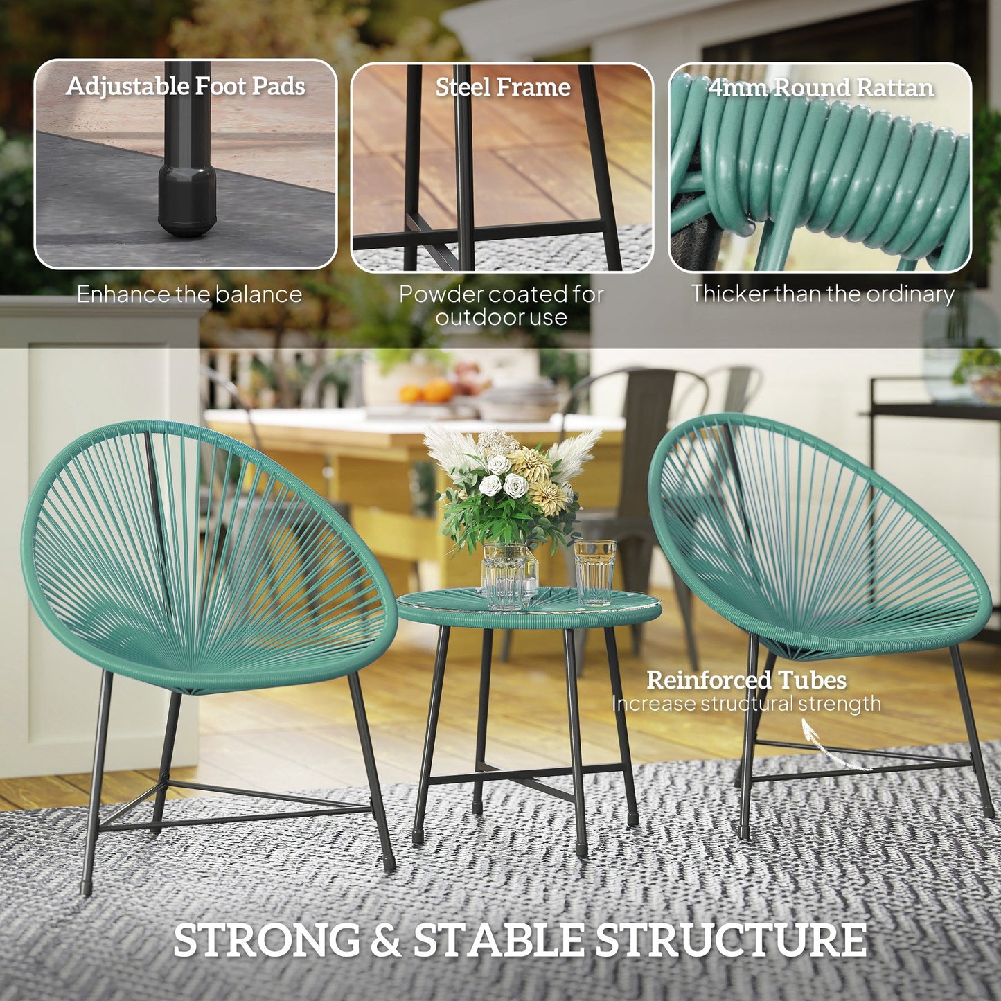 Rattan Bistro Set with Acapulco Chairs and Glass Table