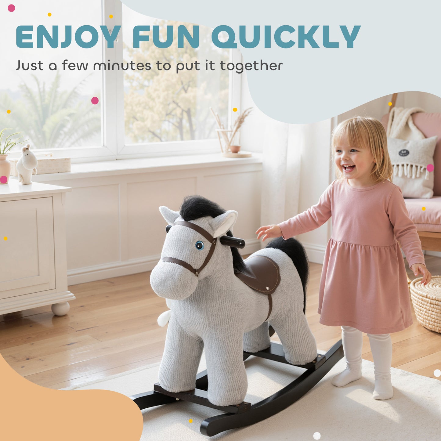 Baby Rocking Horse, Plush Ride on Toy with Handle Grip