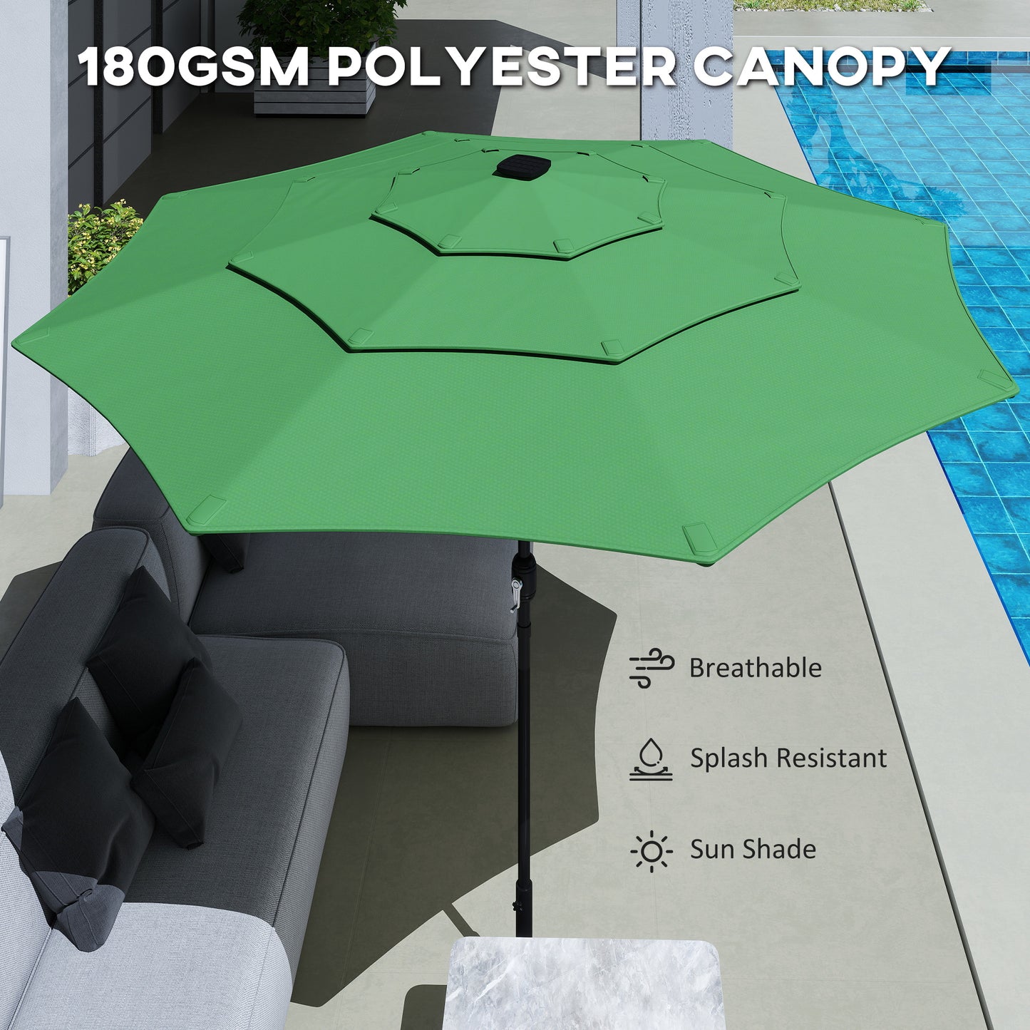Garden Parasol, Parasol Umbrella with 3-tier Roof, Crank Handle