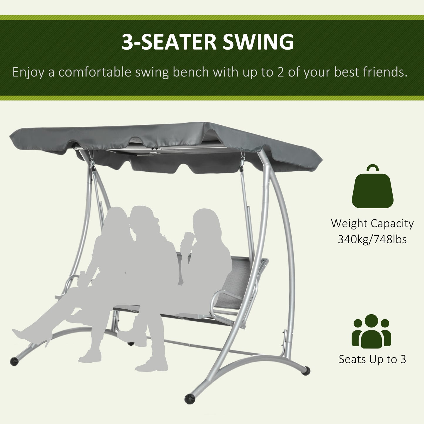 Three Person Steel Outdoor Porch Swing Chair Bench w/ Canopy Cover