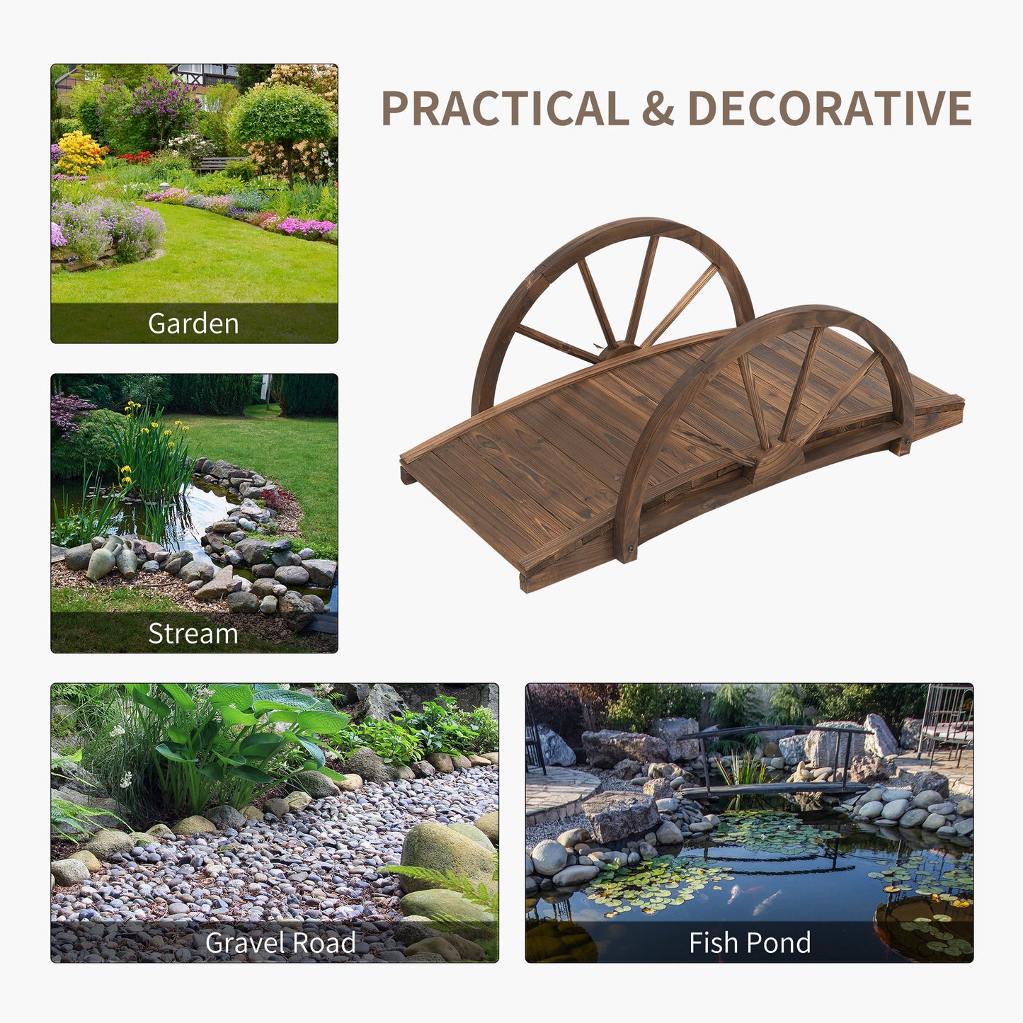 Wooden Garden Bridge Lawn Décor Stained Finish Arc Outdoor Pond