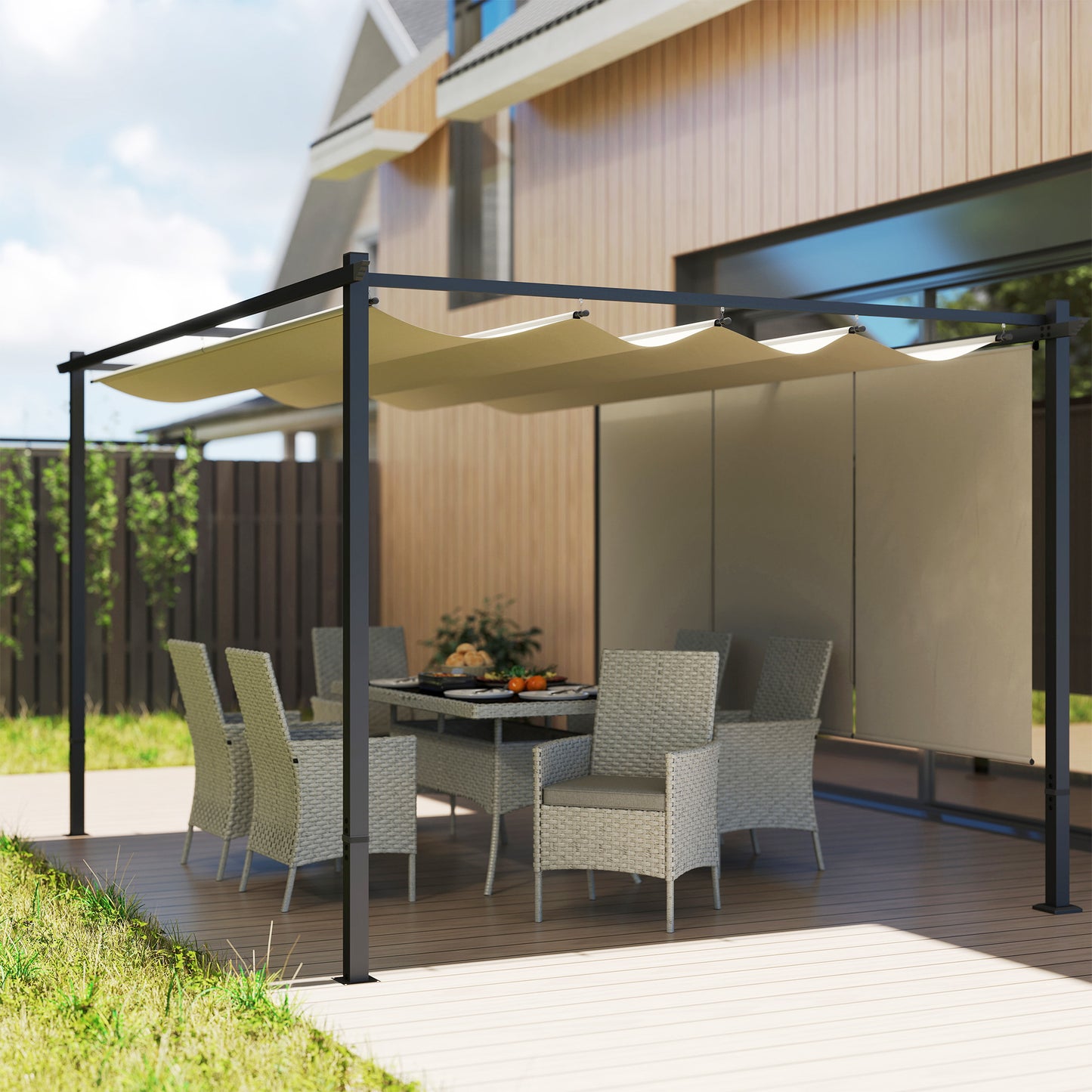 3 x 4m Metal Pergola with Retractable Roof and Roller Shade (1)
