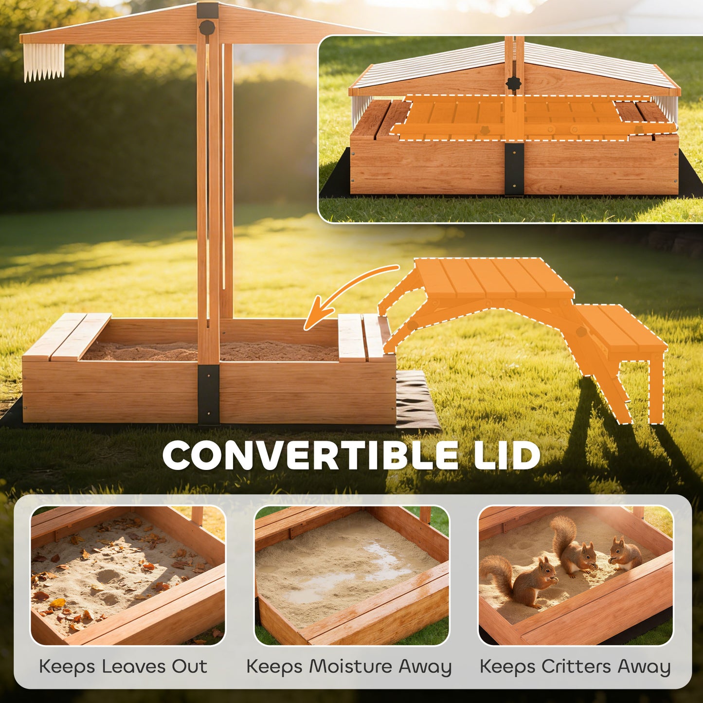 Kids Sand Pit with Lid, Wooden Sandpit with Canopy