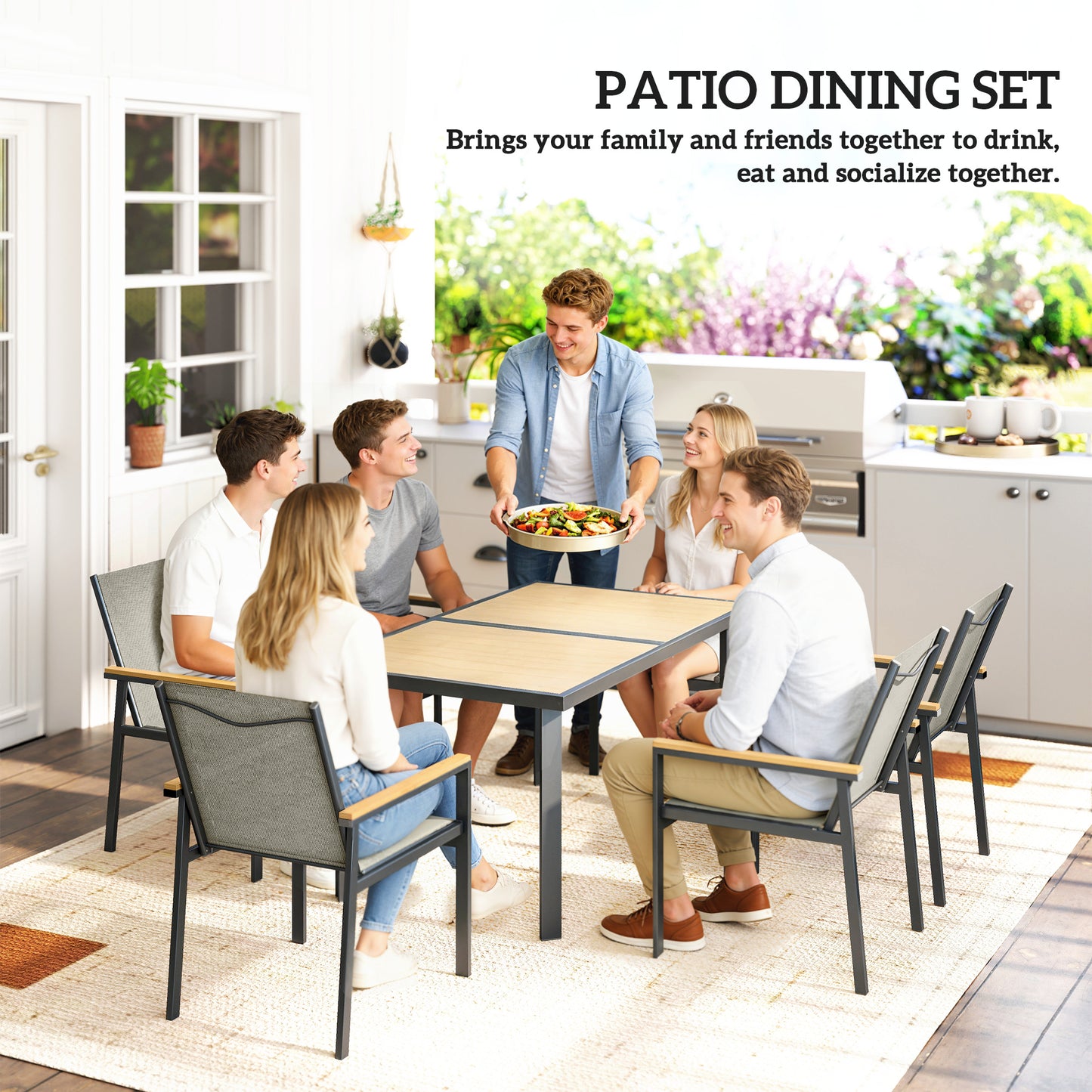 Seven-Piece Metal Garden Dining Set, with Glass-Top Table