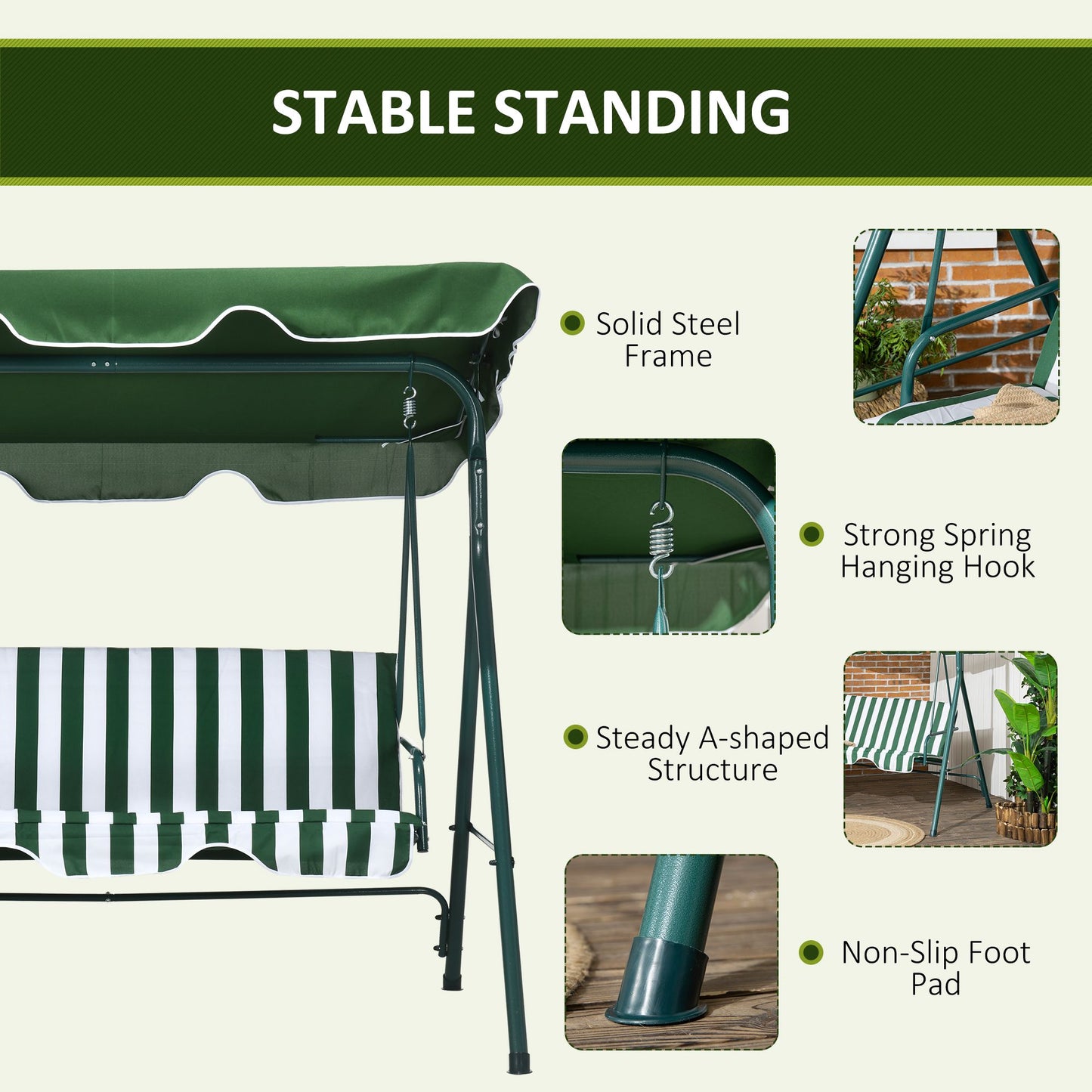 3-Seat Swing Chair Garden Swing Seat with Adjustable Canopy for Patio