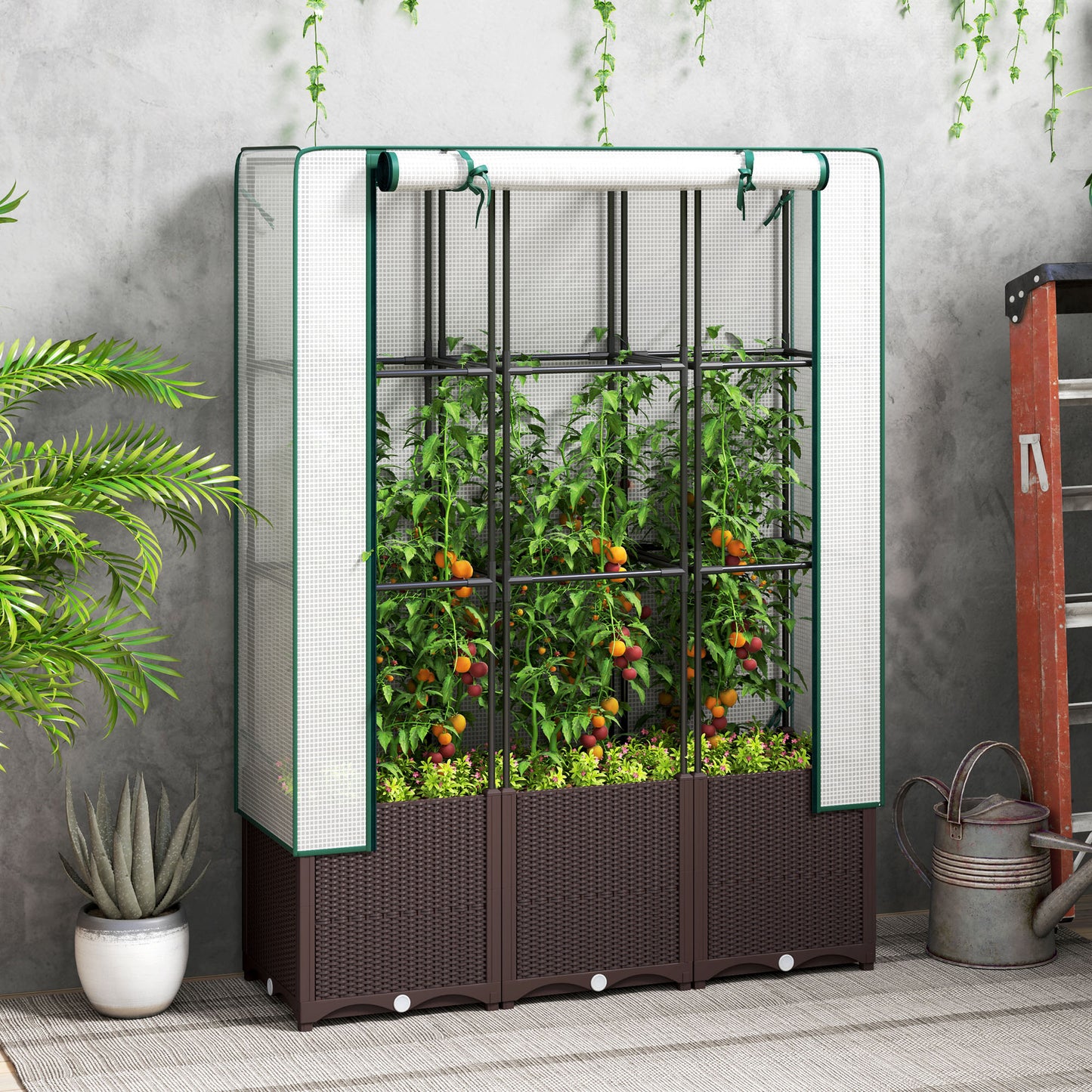 Raised Garden Bed with Trellis, Plastic Planter Box with PE Cover (1)