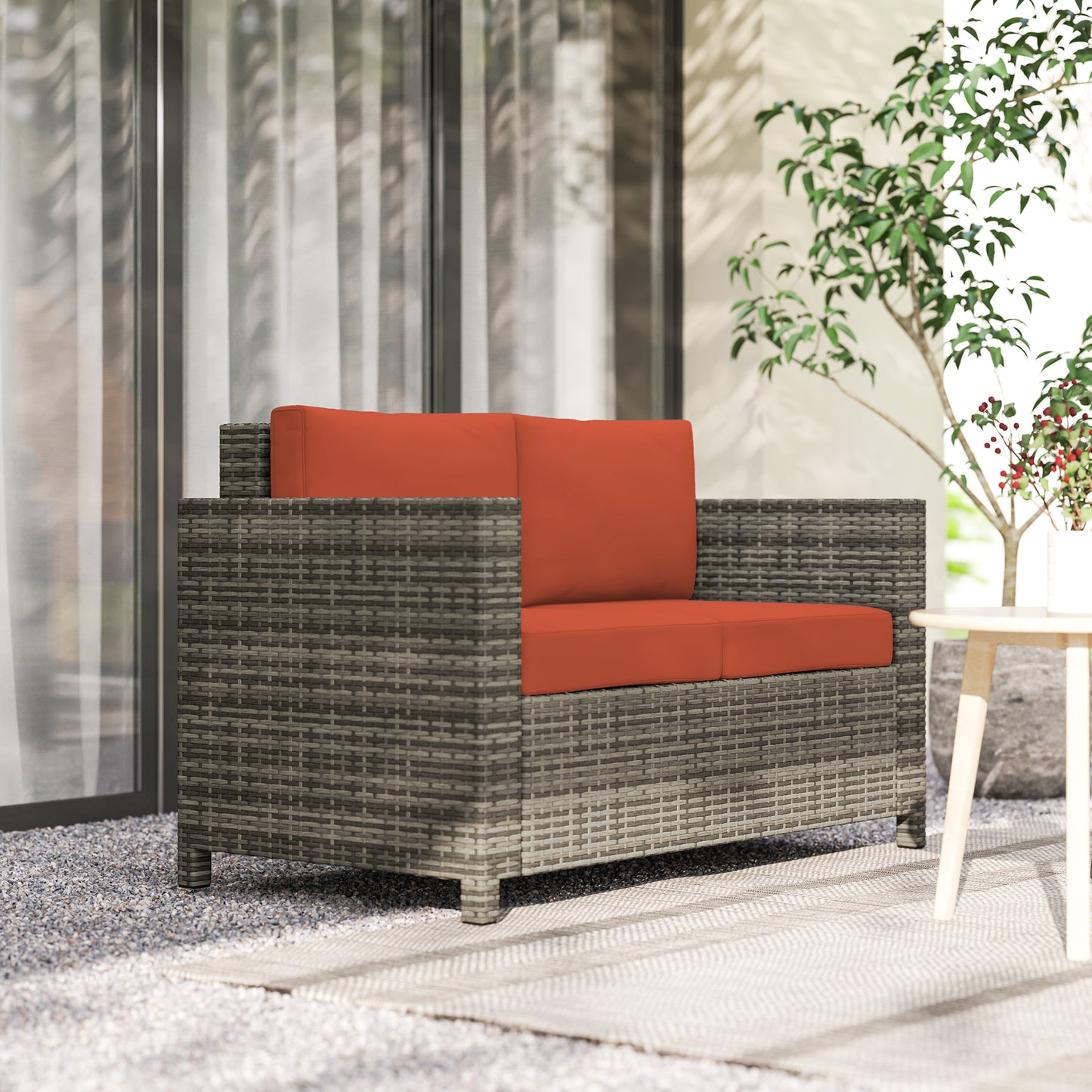 Rattan Sofa, 2 Seater Garden Furniture with Soft Padded Cushion (1)