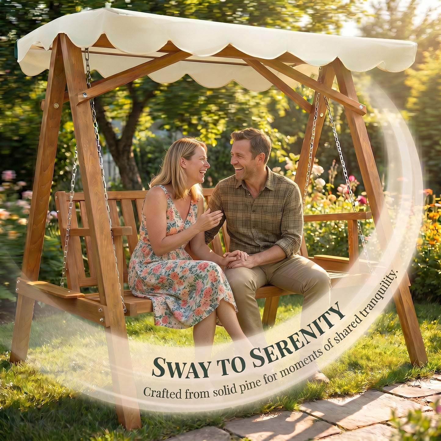 2 Seater Garden Swing Seat with Canopy, Wooden Swing Chair