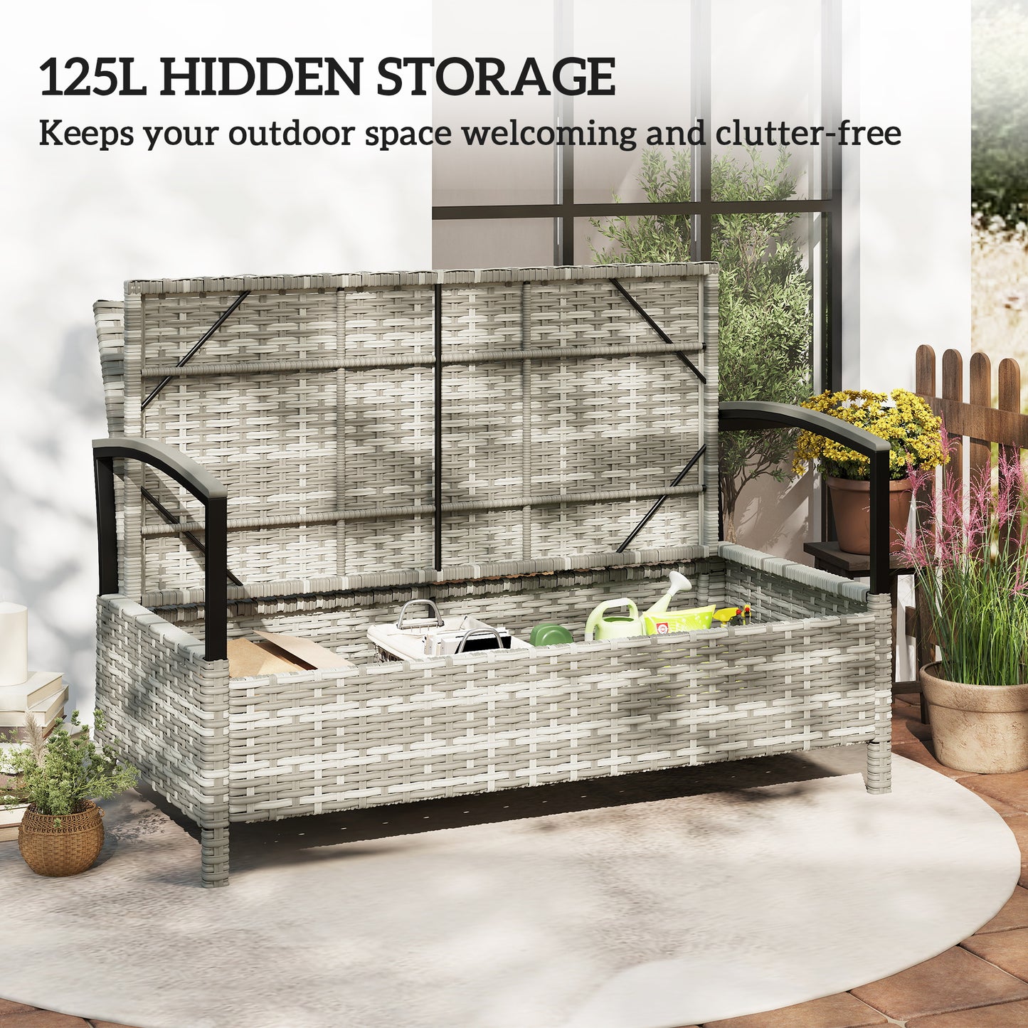 125L Garden Storage Bench, 2 Seater PE Rattan Outdoor Bench Storage