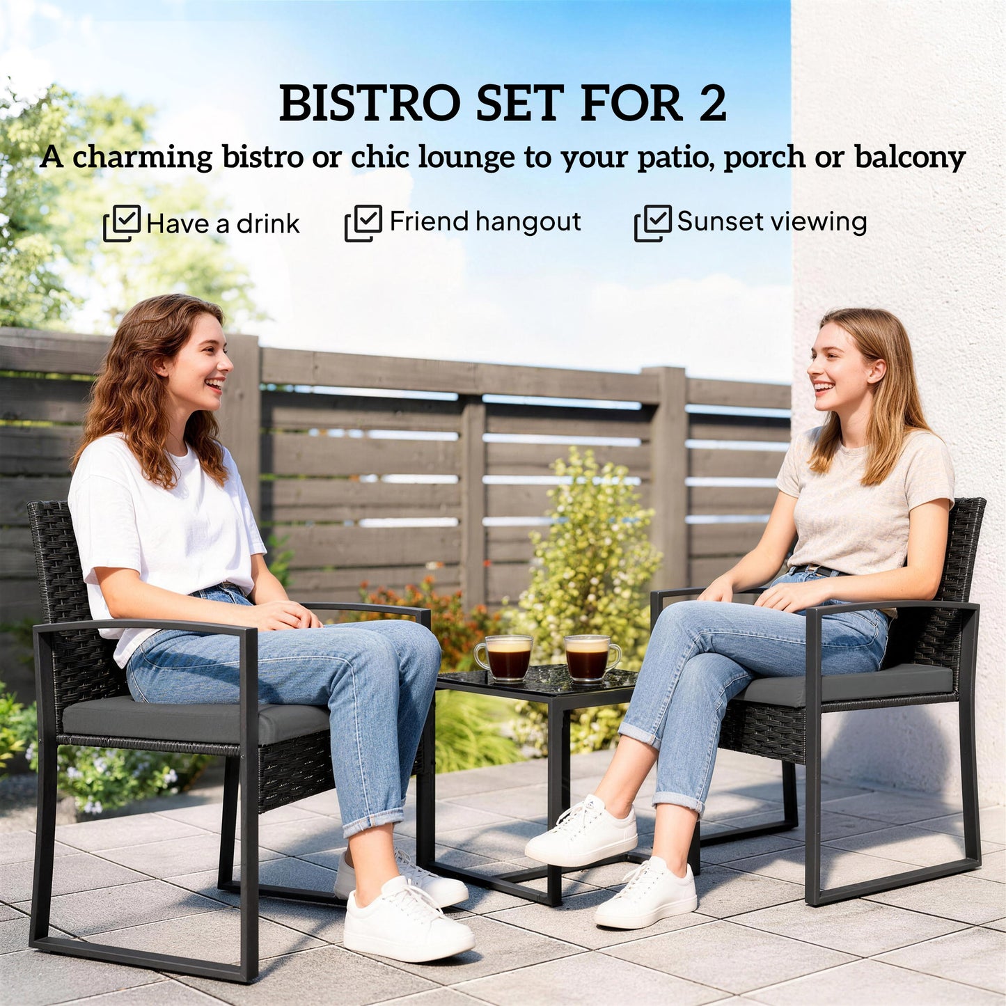 Rattan Bistro Set, 3 Piece Garden Furniture Set with Glass Top Table